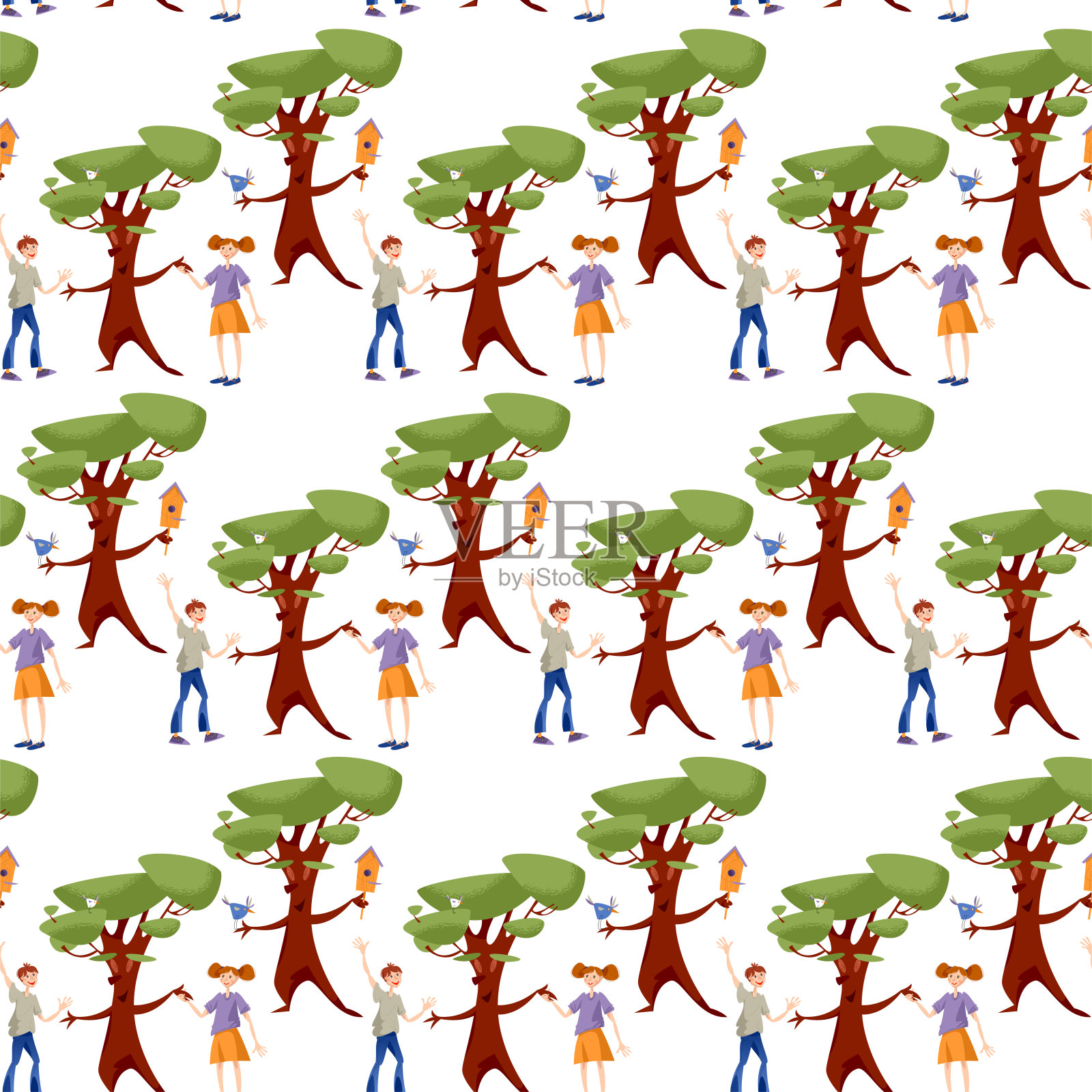 一个男孩和一个女孩向一棵树打招呼，手牵着手。无缝的背景图案。插画图片素材