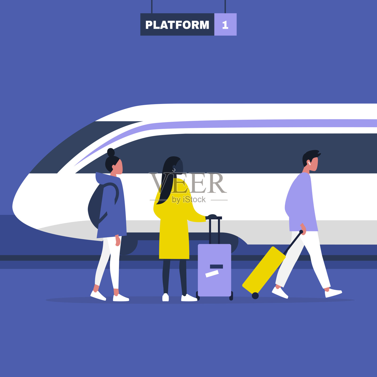 高速列车火车头上，一群年轻人带着行李在站台上站着走着插画图片素材