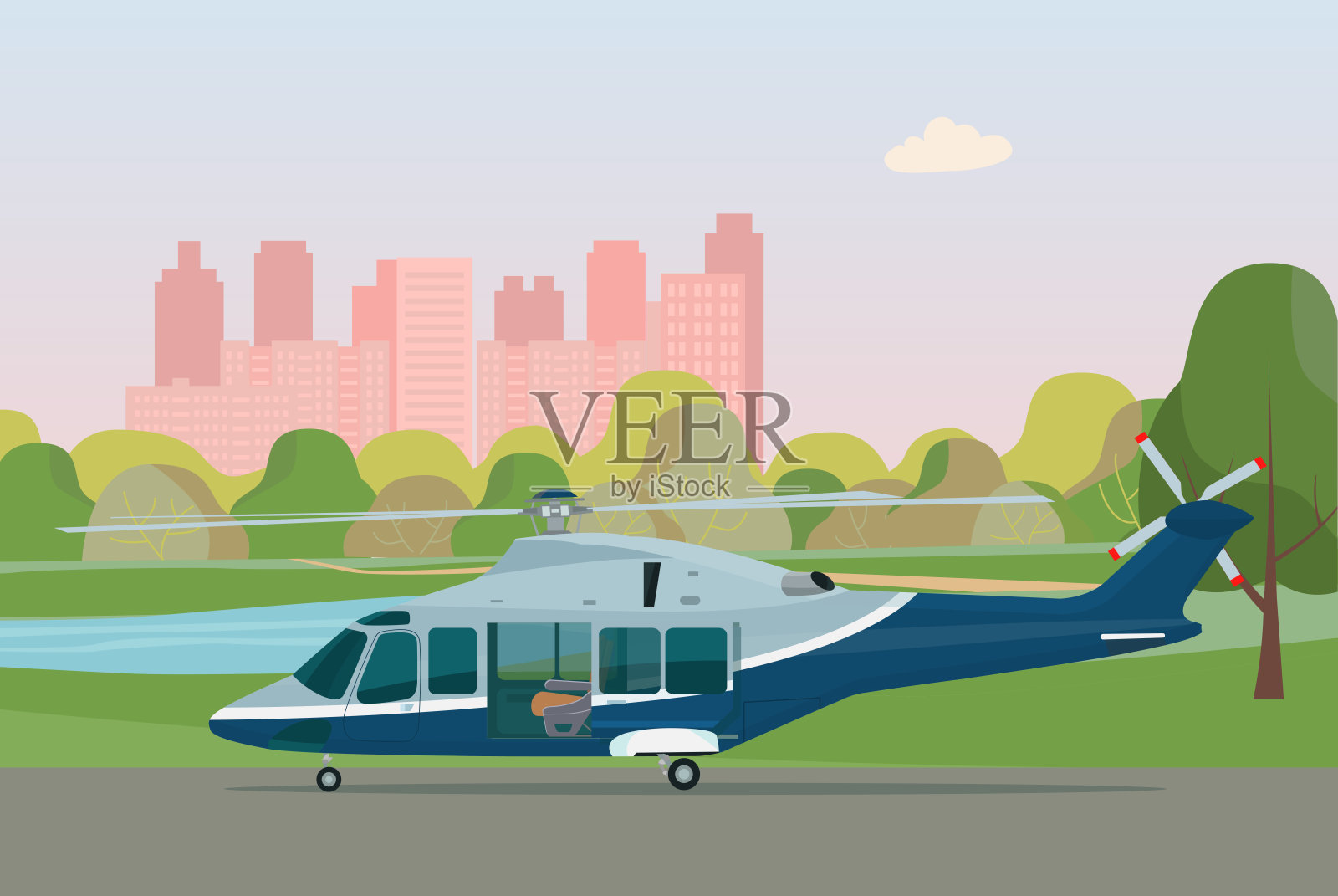 一架乘客门打开的直升机在起飞区域。矢量插图。设计元素图片