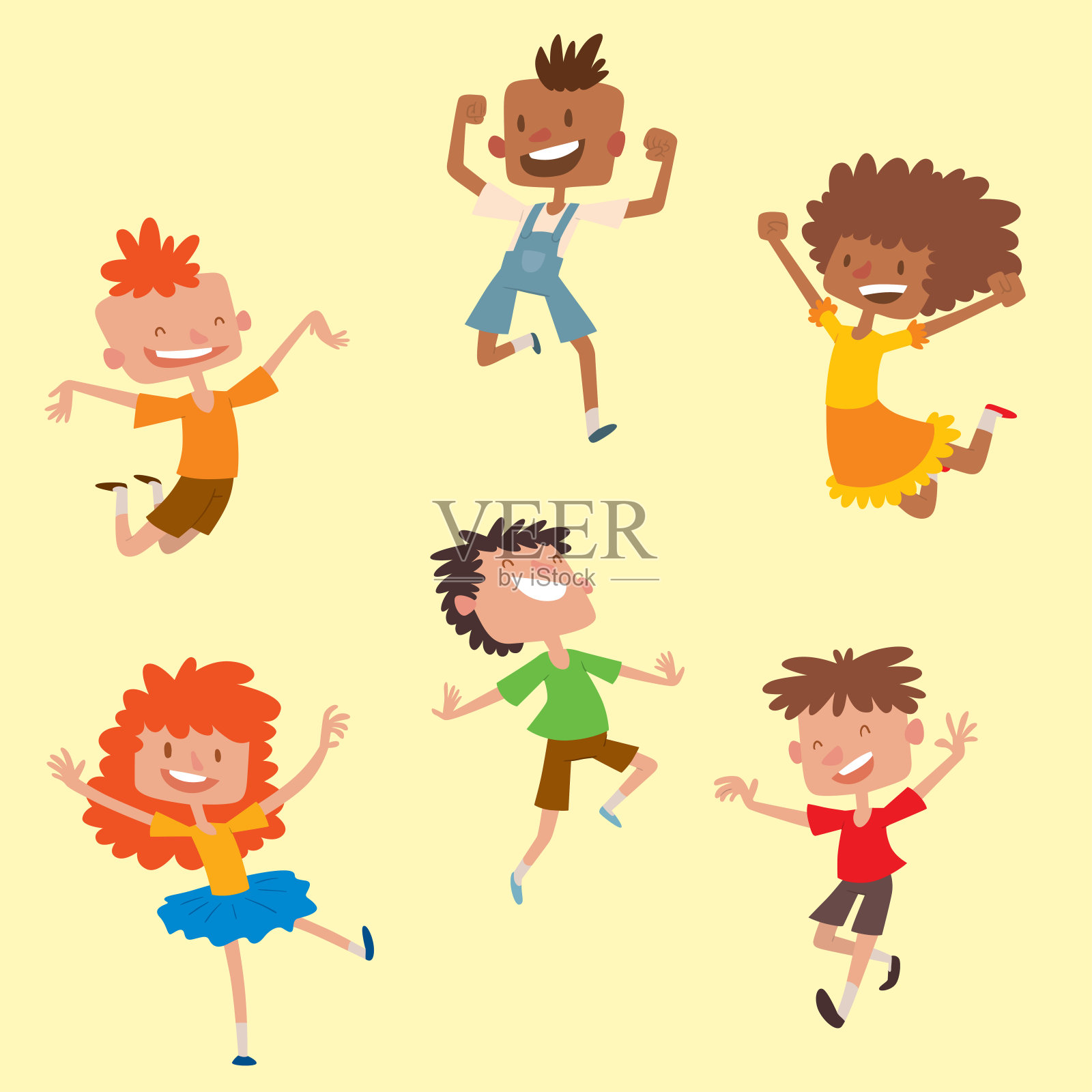 快乐的小朋友们在不同的位置，大矢量跳跃欢快的儿童组和有趣的卡通儿童快乐的团队笑小人物。插画图片素材