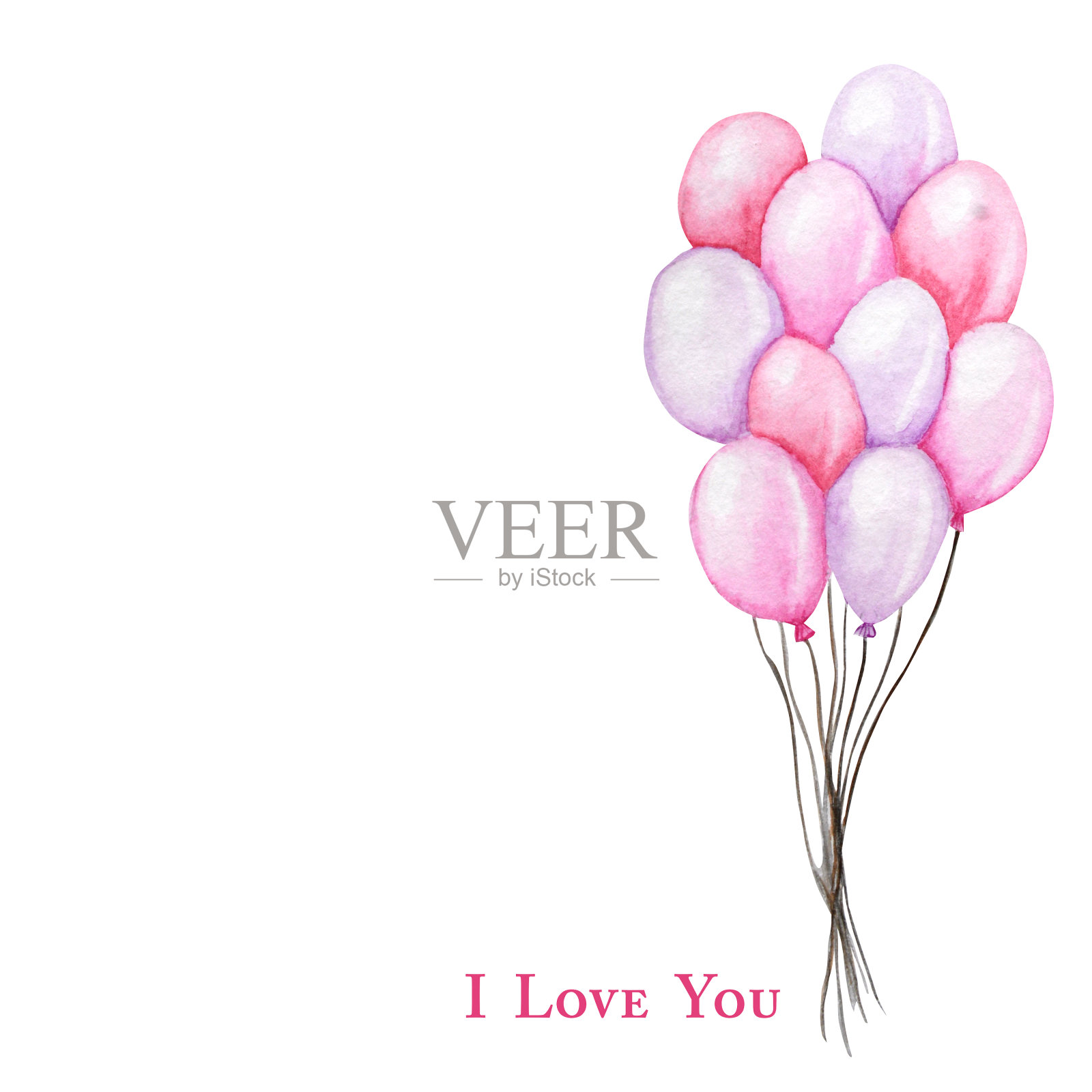 情人节快乐。水彩手绘假日插图飞行粉红色的红色气球。节日派对装饰爱情浪漫元素为情人节或婚礼孤立的白色背景插画图片素材