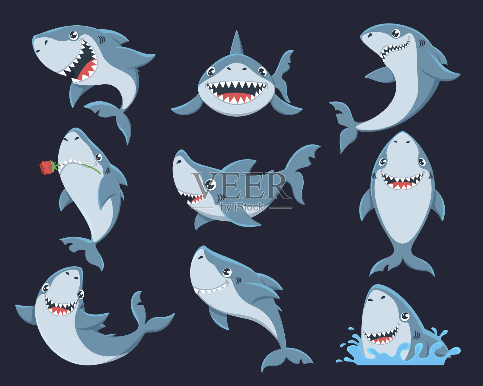 可爱有趣的鲨鱼平面矢量插图集插画图片素材