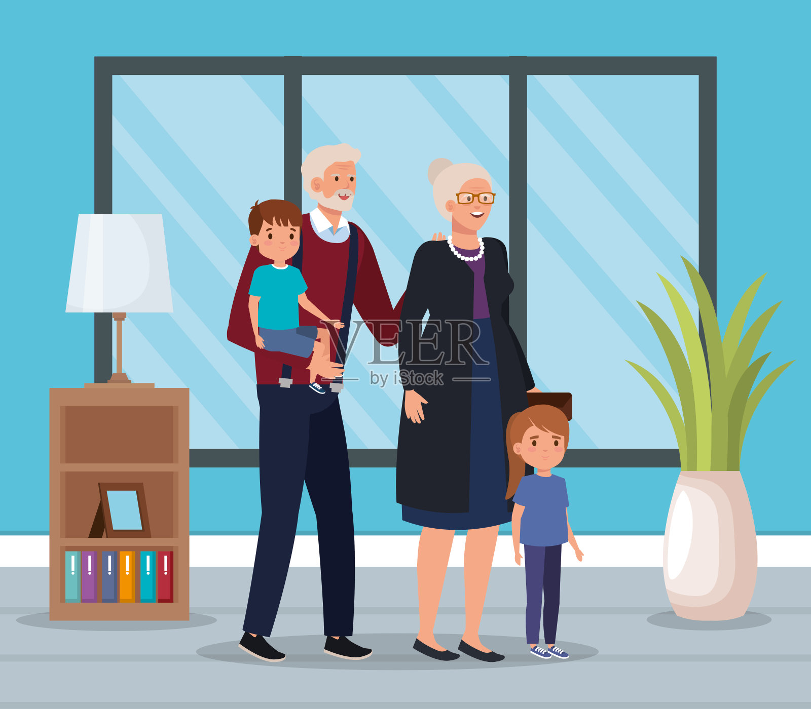 祖父母与孙辈室内情景房插画图片素材