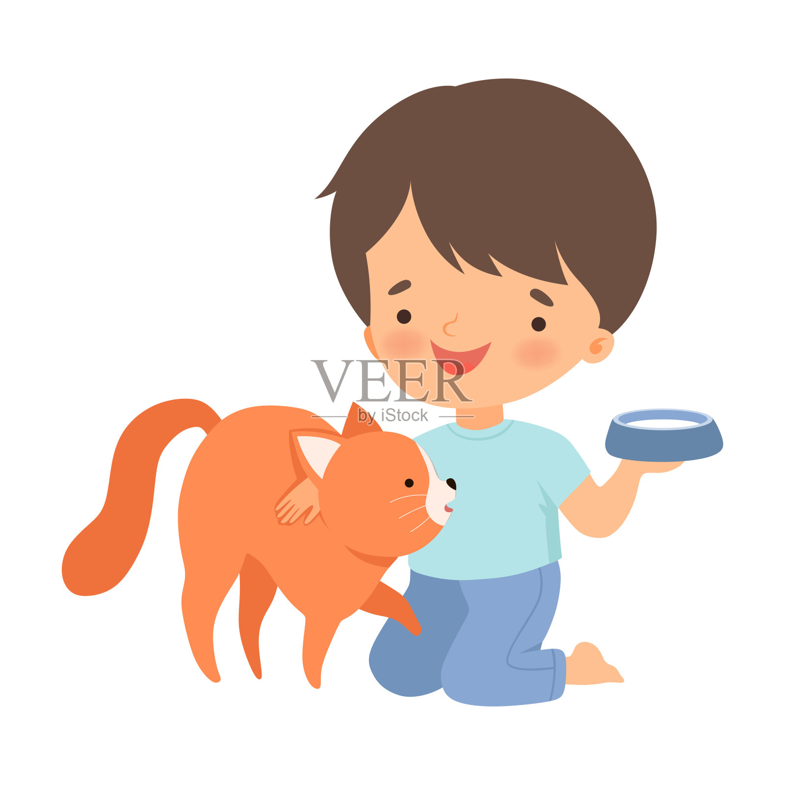 小男孩抚摸猫和放下碗牛奶矢量插图插画图片素材
