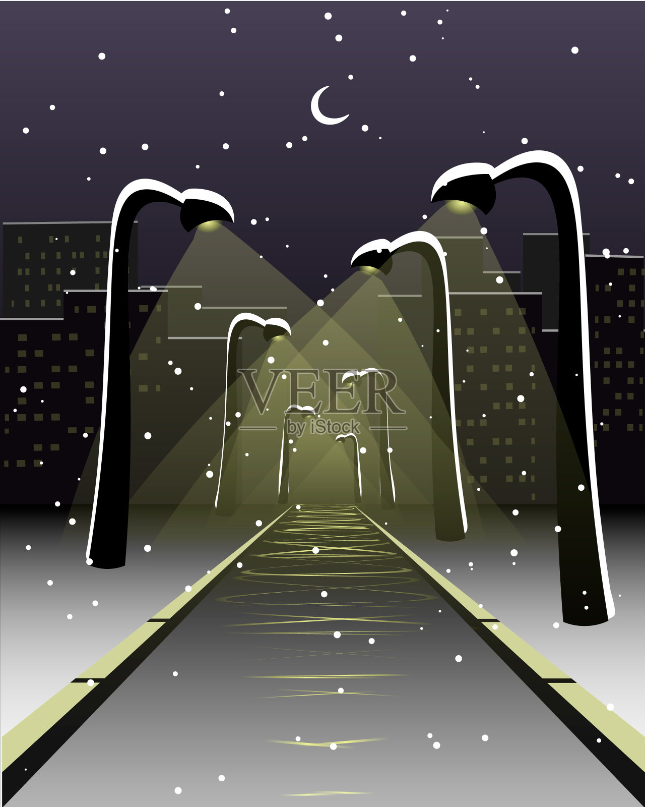 冬天，街灯，空旷的道路，新月和遥远的城市建筑插画图片素材