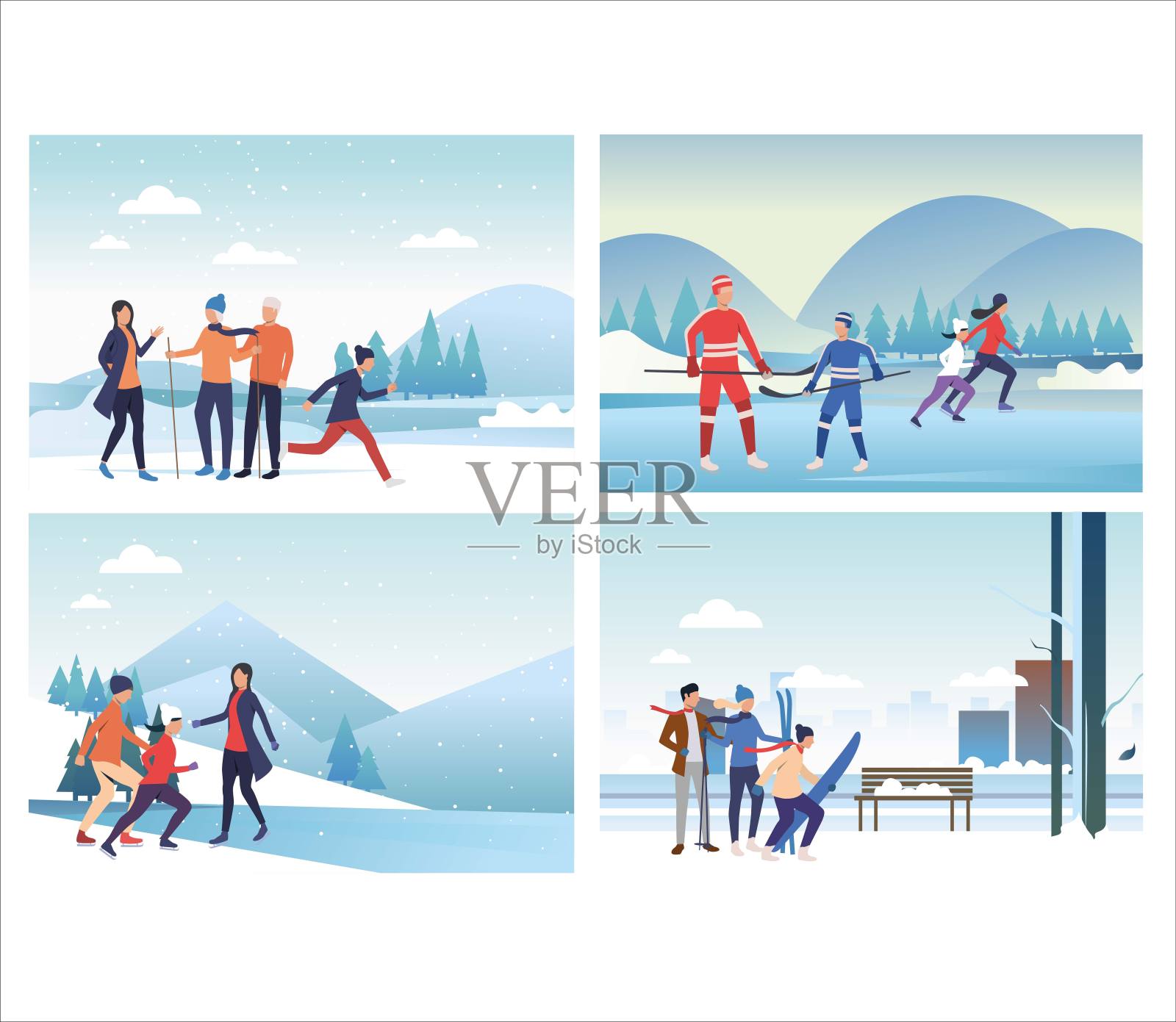 一套家庭做冬季运动插画图片素材