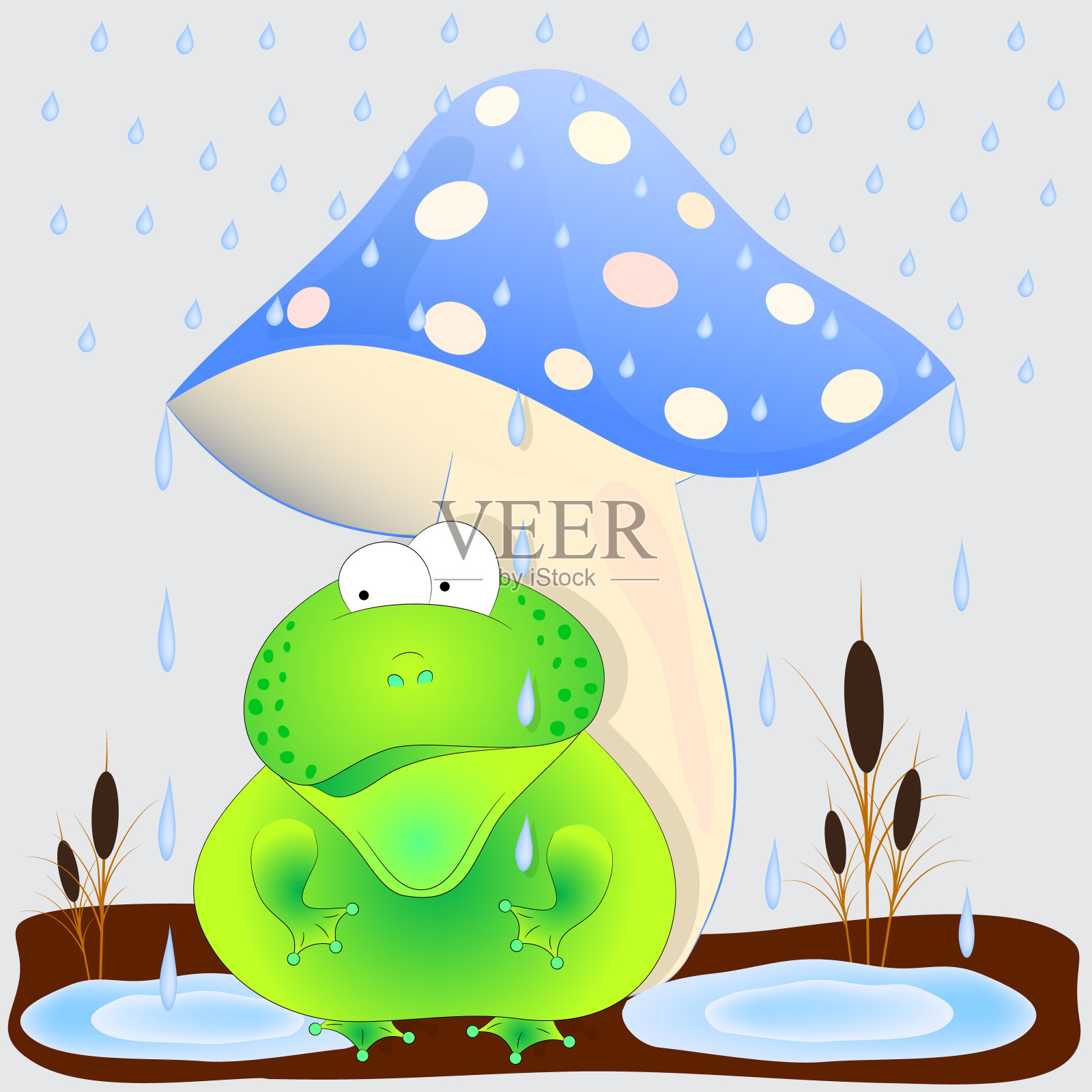蟾蜍下的蘑菇矢量卡通插图。可爱的青蛙在蘑菇下。插画图片素材