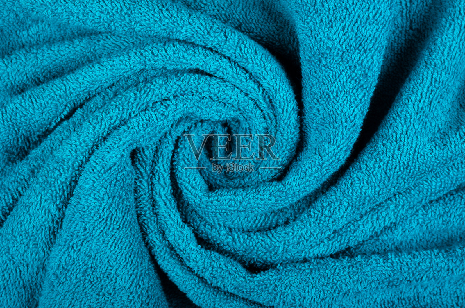 蓝色毛巾织物纹理，俯视图照片。照片摄影图片