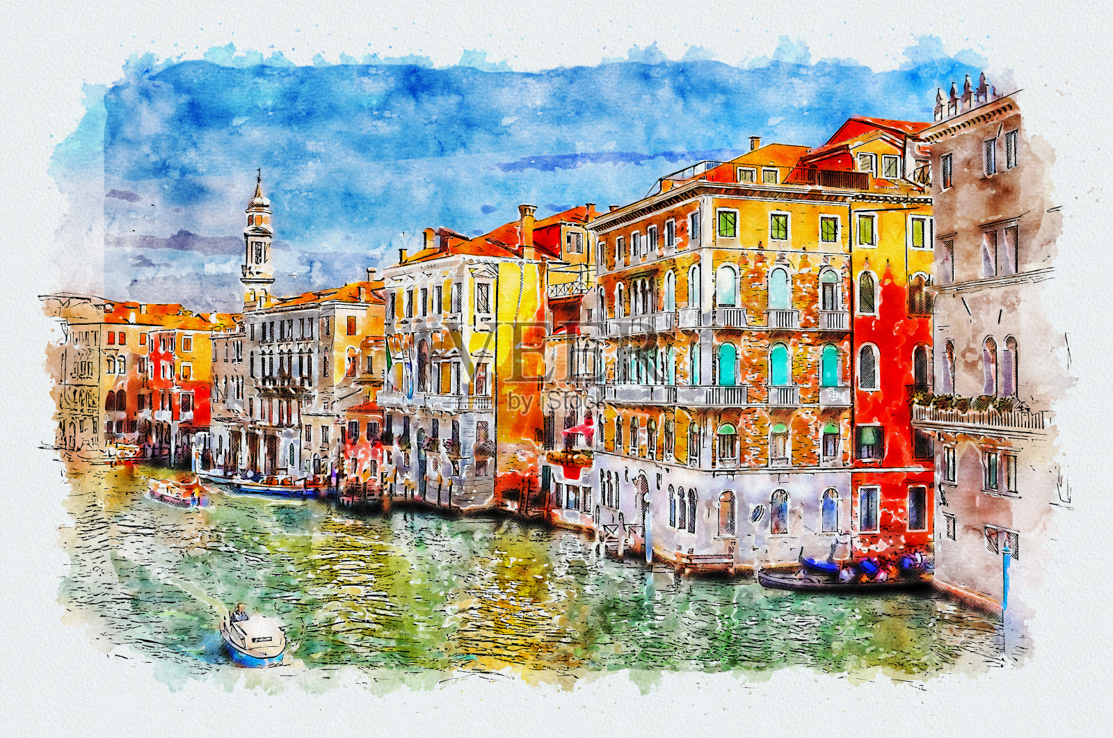从意大利威尼斯的里亚托桥观看大运河。插画图片素材