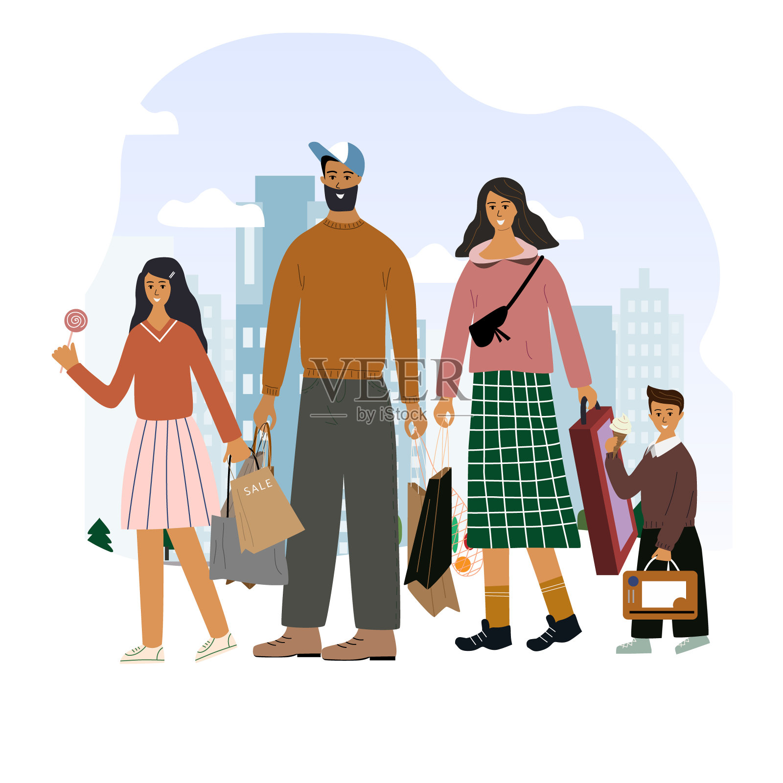 幸福的家庭散步，拿着购物袋。可爱的爸爸、妈妈、女儿和儿子在城里购物。家庭购物概念平面矢量插图。设计元素图片