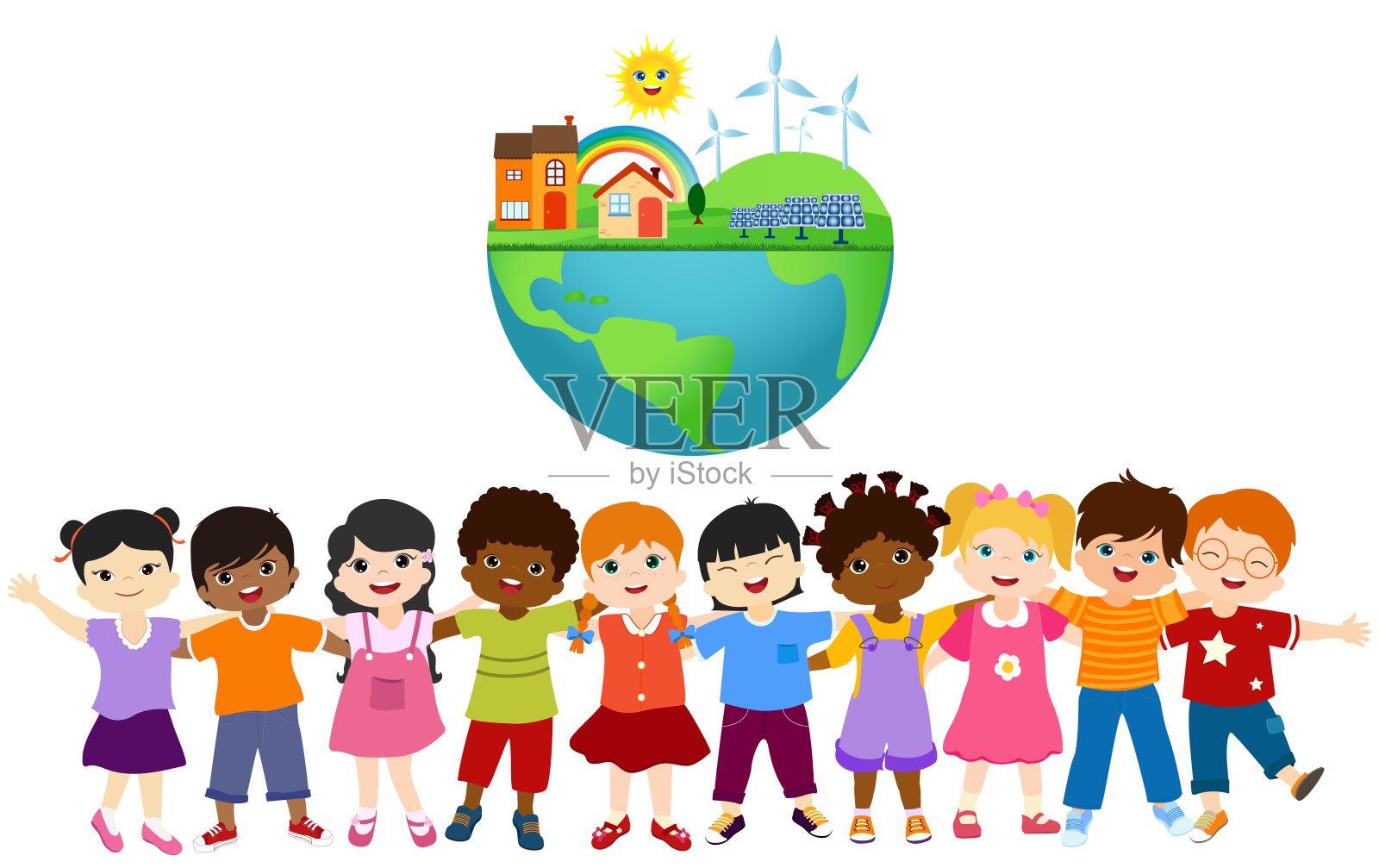一群多元和多民族的孩子相互拥抱。团结一致，建设一个生态世界，使用生态和可持续的能源。拯救我们的星球。带有太阳能电池和风力涡轮机的地球仪插画图片素材
