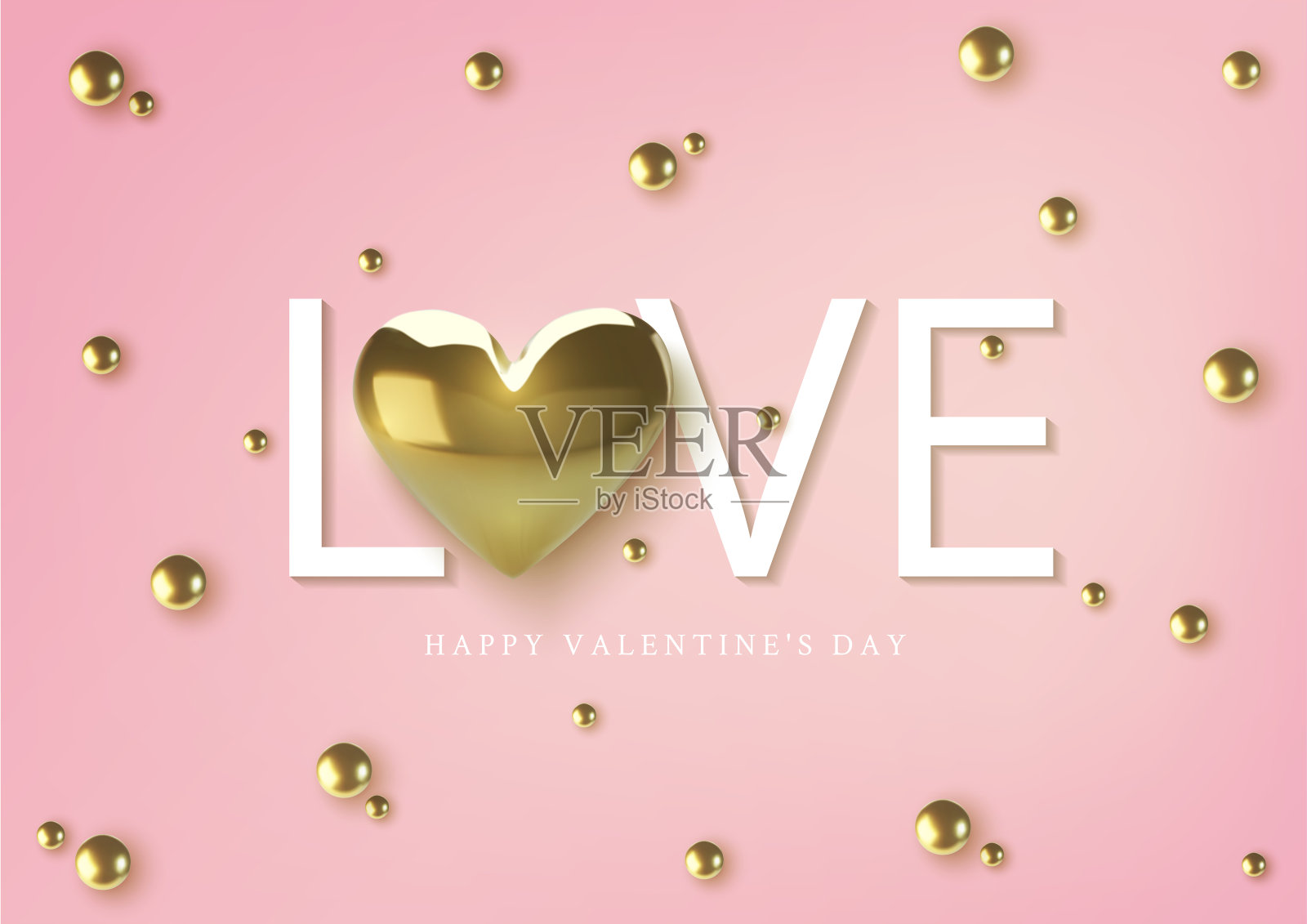 情人节贺卡快乐。现实的3d黄金金属心和文本在粉红色的背景。爱和结婚。产品模板，网页横幅和传单。向量插画图片素材