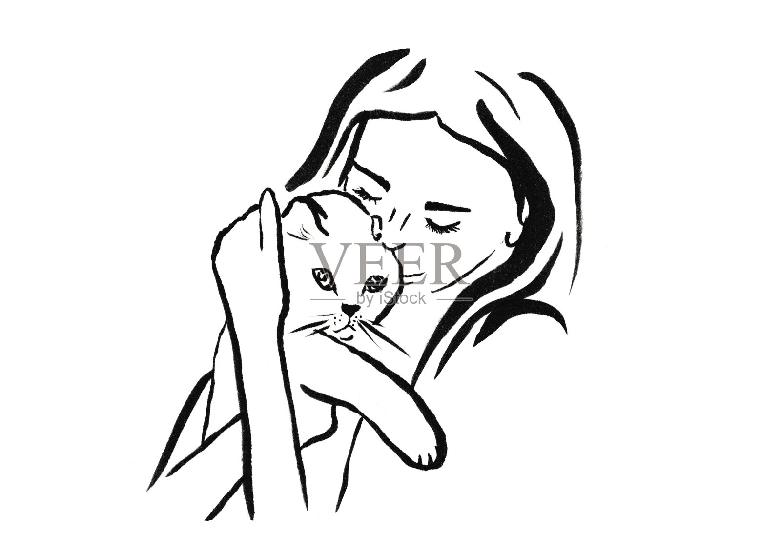轮廓插图女人与猫插画图片素材