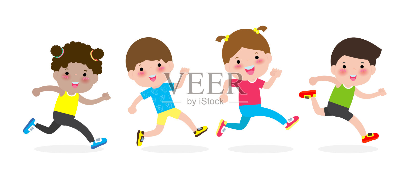 快乐的孩子们为了健康慢跑。卡通人物儿童运行矢量插图孤立在白色背景。设计元素图片
