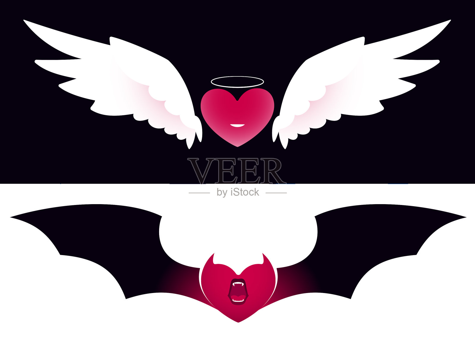 矢量插图的心与天使的翅膀和一个心与魔鬼的角，张开吸血鬼的嘴和蝙蝠的翅膀插画图片素材