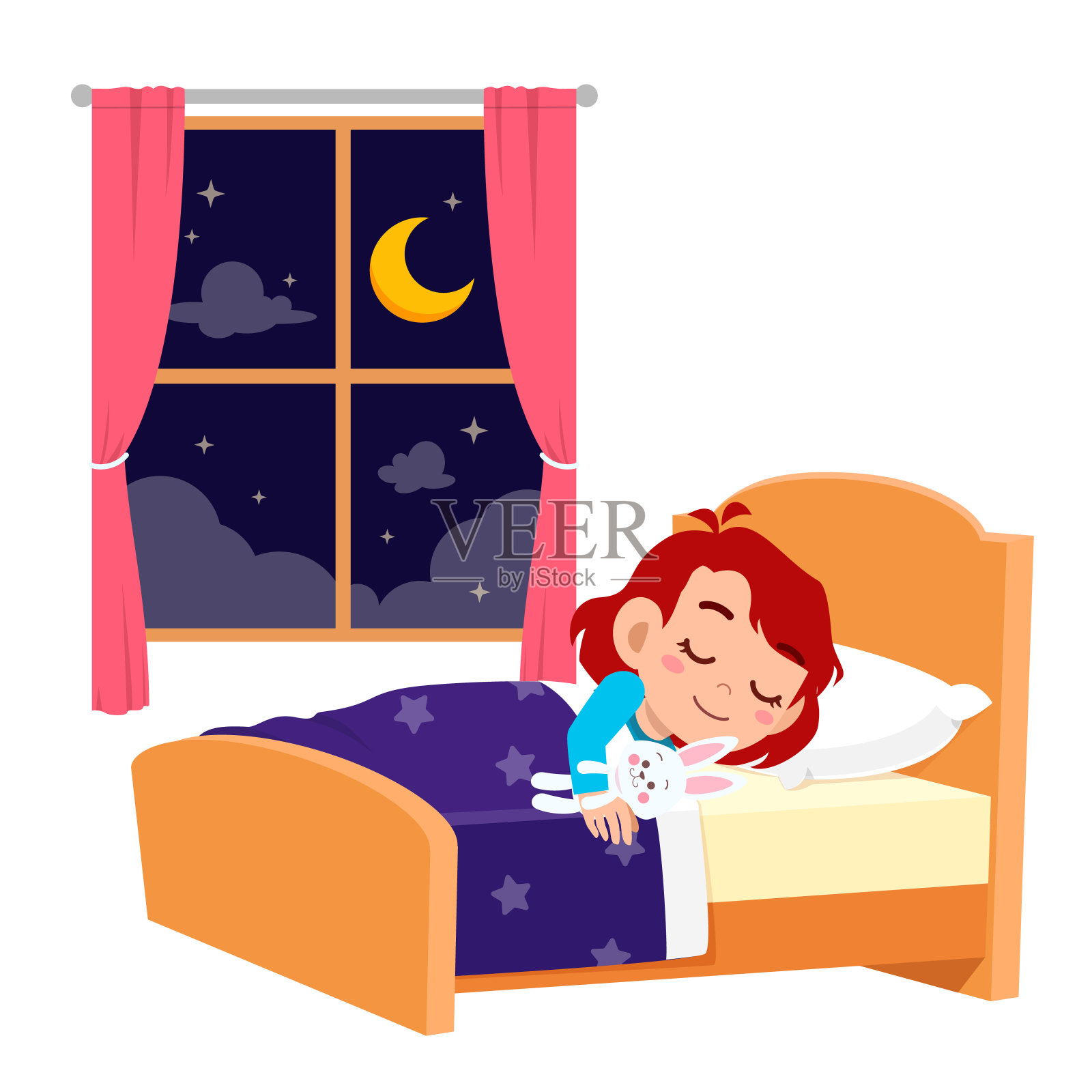 快乐可爱的小女孩在晚上睡觉设计元素图片