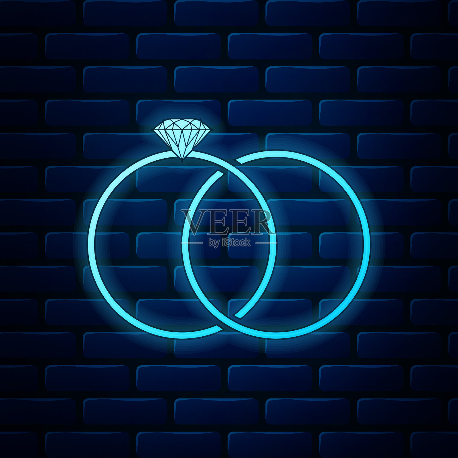 霓虹灯婚戒图标孤立在砖墙背景上。新娘和新郎的珠宝标志。婚姻图标。钻石戒指。矢量图插画图片素材