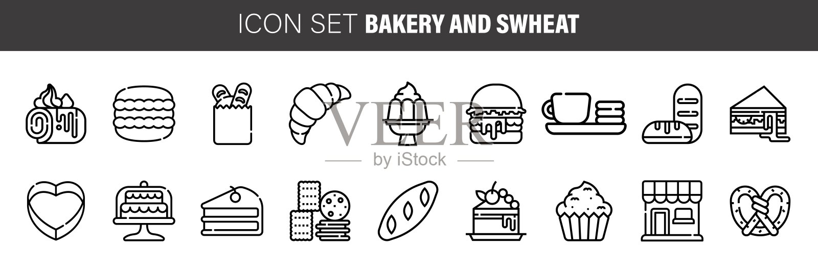 小麦和面包店系列图标集。包括面包，甜甜圈，法式长棍，杏仁，派，和更多的图标。图标素材