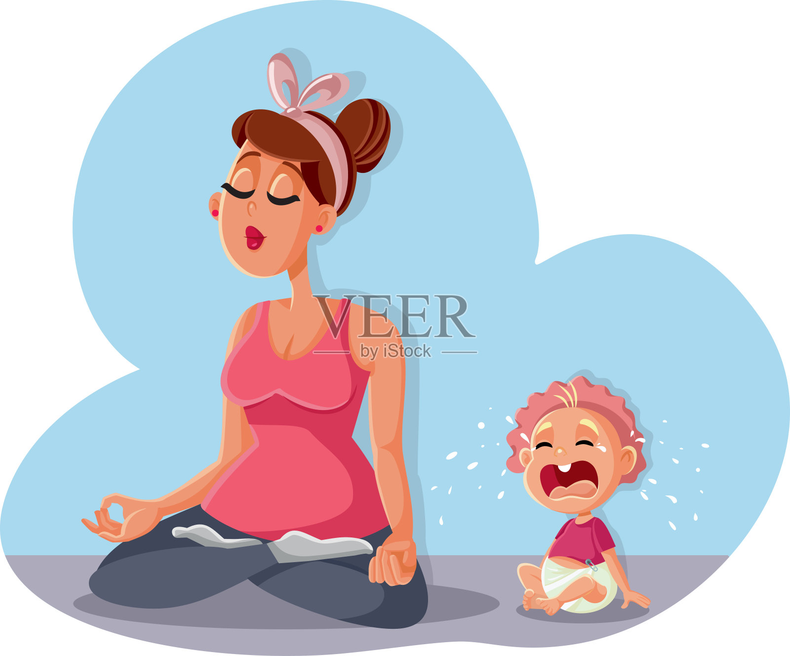 禅宗妈妈放松瑜伽姿势和婴儿哭泣插画图片素材