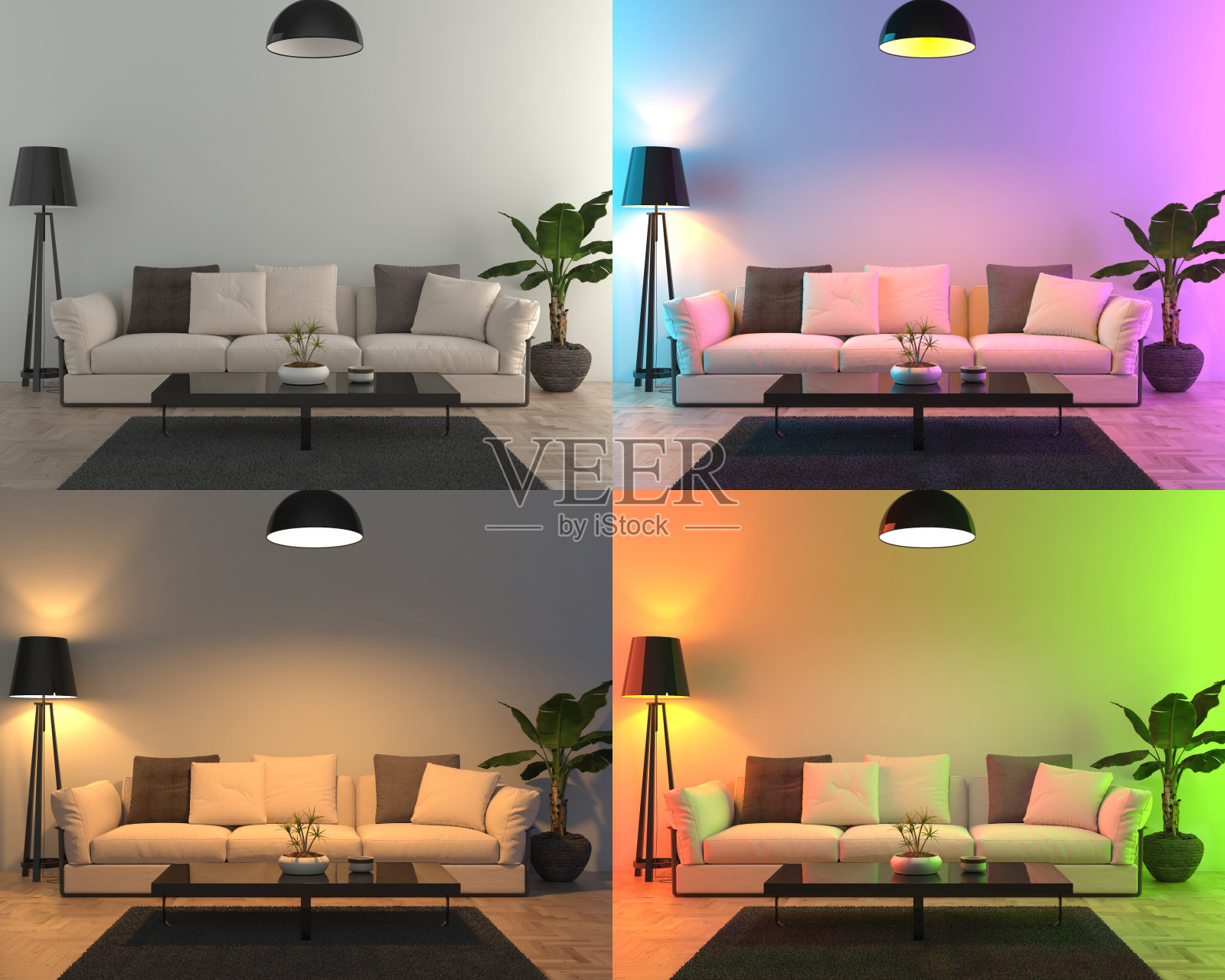 四盏不同颜色的灯设置在客厅里照片摄影图片