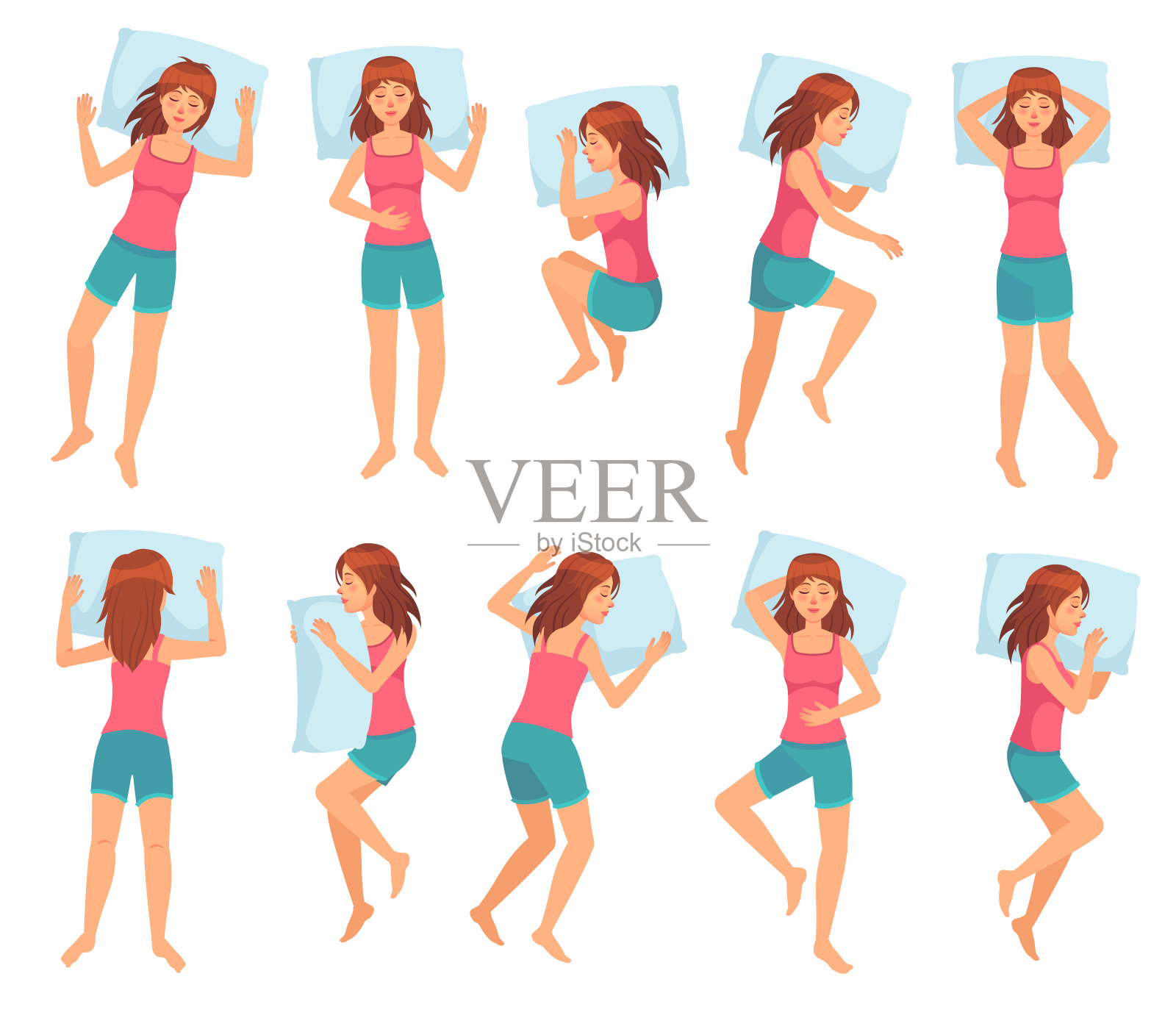 女人以不同的姿势睡觉。健康的夜晚睡眠，睡眠姿势和女性角色睡在枕头上的卡通矢量插图集插画图片素材