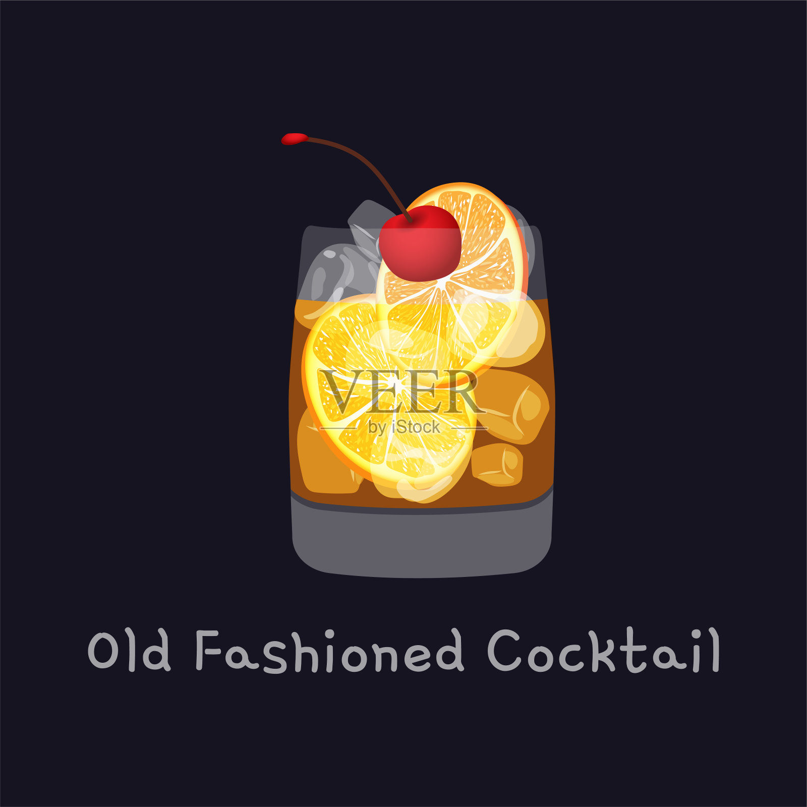 美味的酒精老式鸡尾酒与橙子片，樱桃，柠檬皮装饰冰块，孤立在黑色背景。矢量图插画图片素材