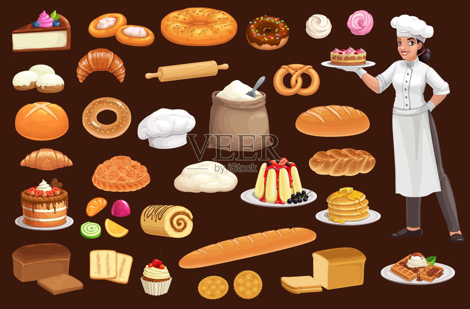 面包师、蛋糕、面包、糕点、小圆面包和纸杯蛋糕插画图片素材