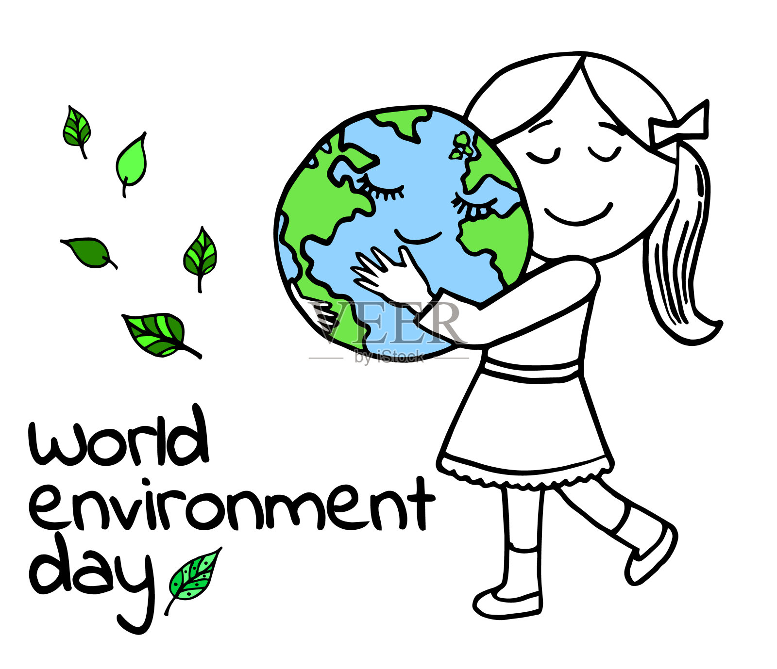 世界环境日的概念。小女孩拥抱着地球。矢量插图。插画图片素材