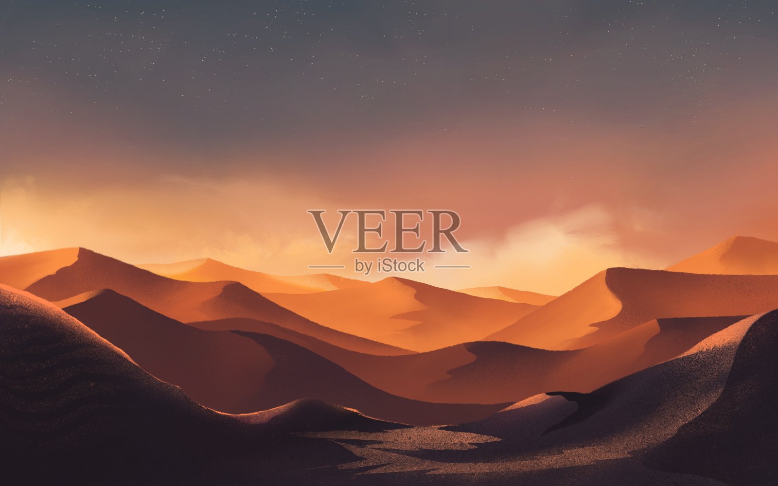 日落时分的沙漠景观插画图片素材