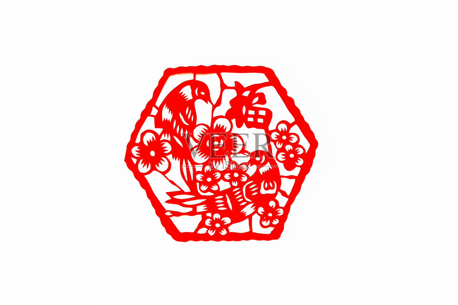 中国传统剪纸艺术图案、花窗。象征着幸福和好运。中国新年装饰元素。(福、寿、安、财、丰)照片摄影图片