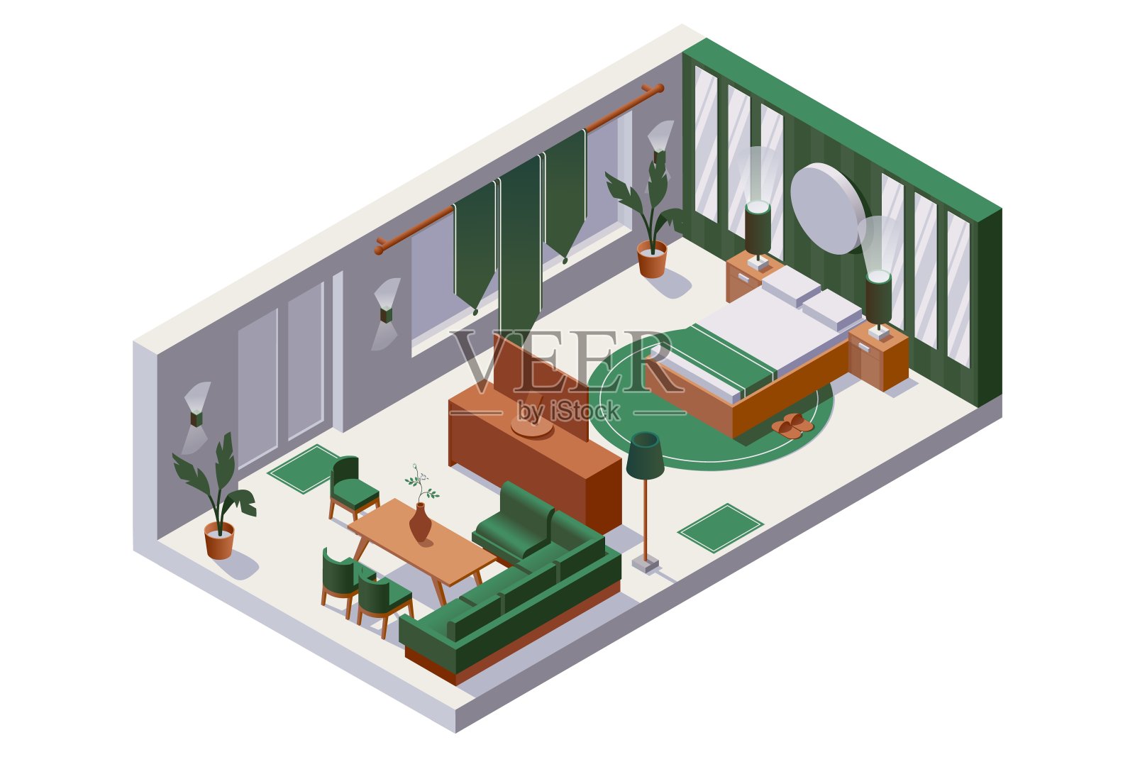 矢量概念等距三维室内场景与家庭双酒店房间号与木制家具和绿色织物装饰。双人套房，有大床和沙发设计元素图片
