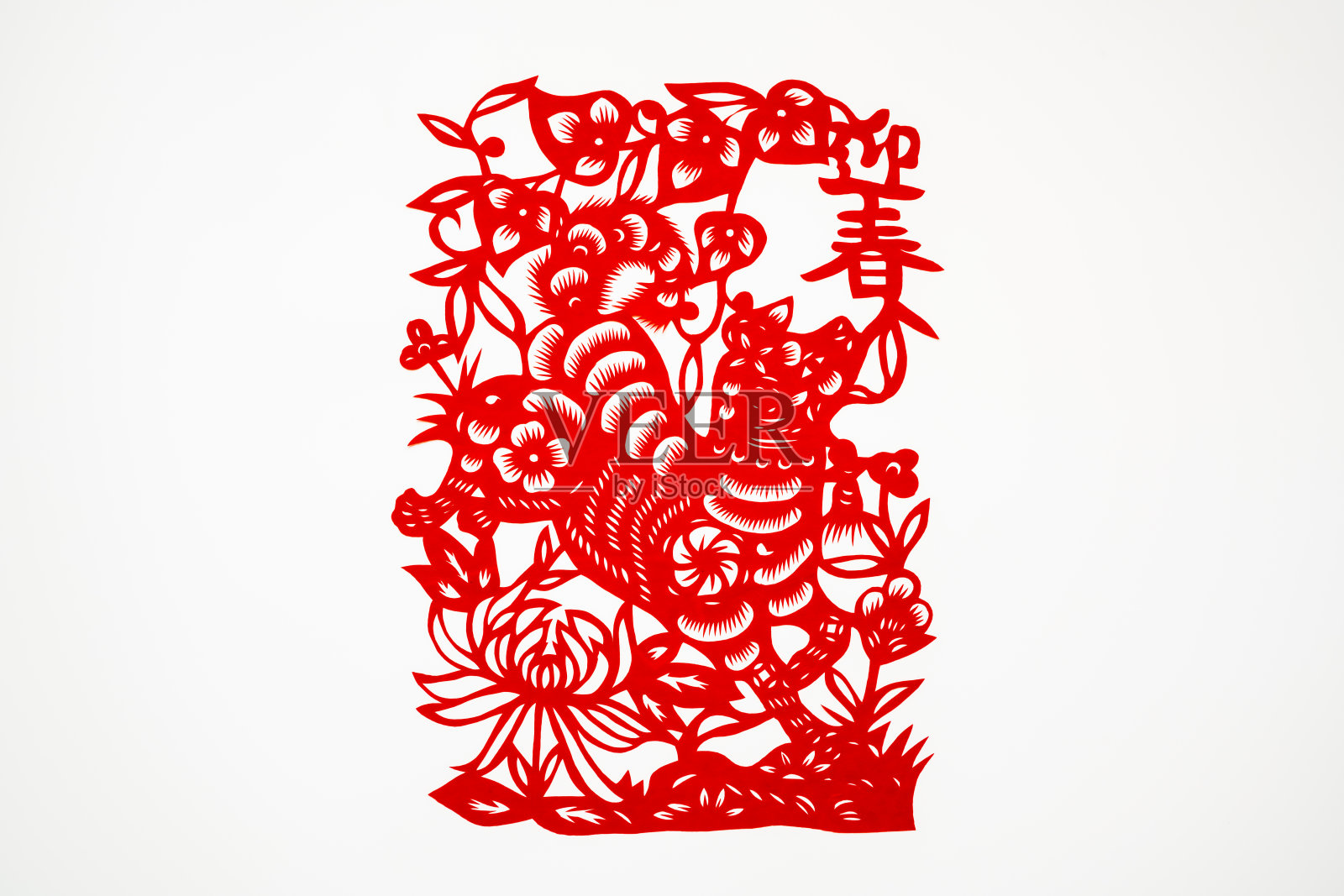 中国传统剪纸艺术图案，十二生肖。中国新年，狗年。汉字(福、寿、安、财、丰)插画图片素材