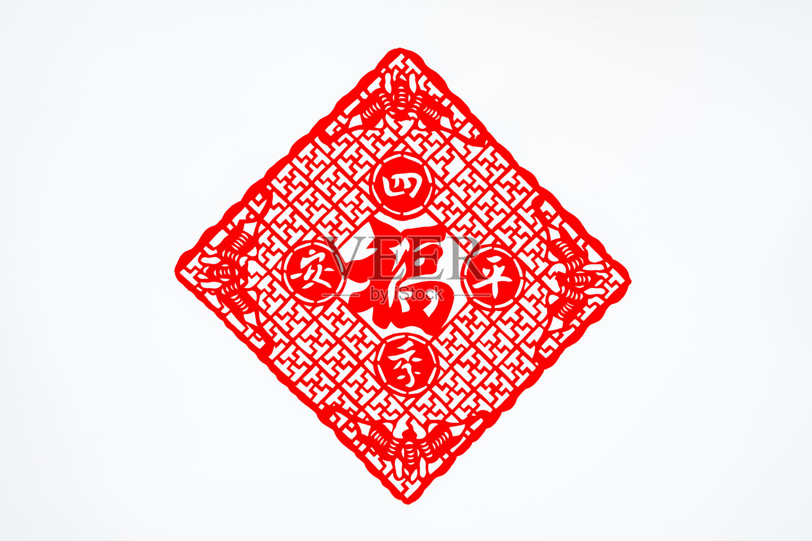 中国传统剪纸艺术图案、花窗。象征着幸福和好运。中国新年装饰元素。(福、寿、安、财、丰)照片摄影图片