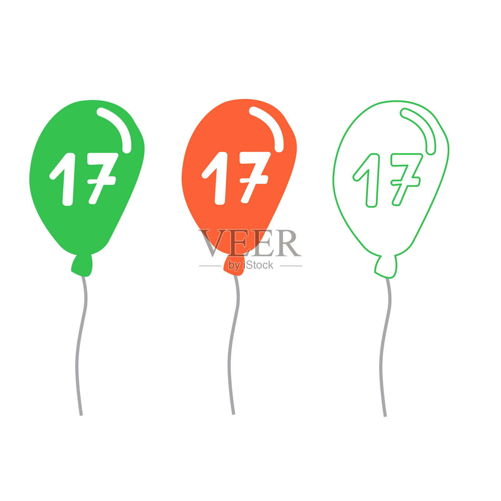 圣派翠克节。17号系列17个标志图标。简单的轮廓和平面图形符号。绿色，白色和橙色。爱尔兰的颜色。爱尔兰的气球。用于日历、明信片和海报。设计元素图片
