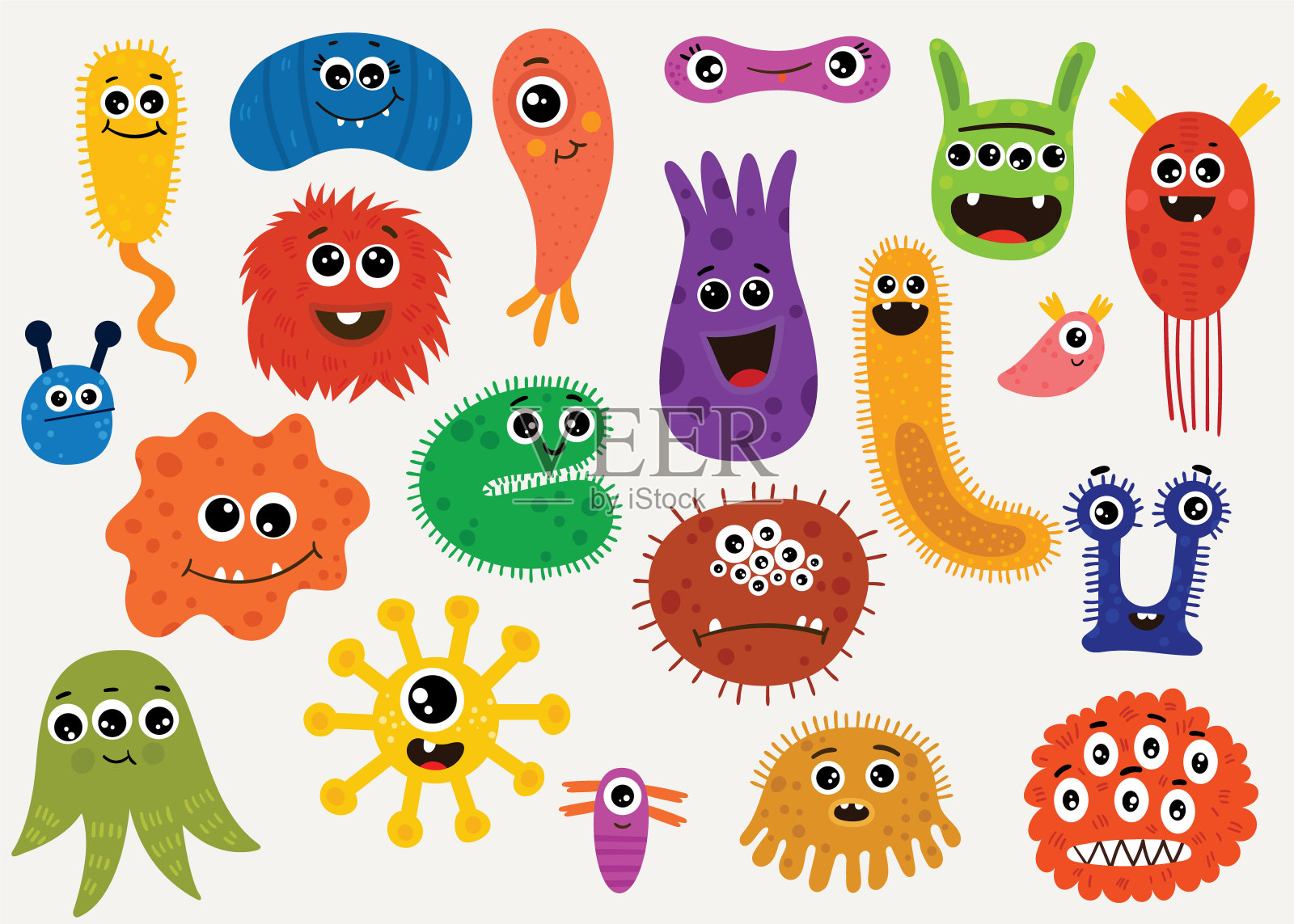 卡通设定不同的微生物角色。细菌，原生生物，微生物，病毒的有趣集合。明亮的彩色平面矢量插图孤立的背景插画图片素材