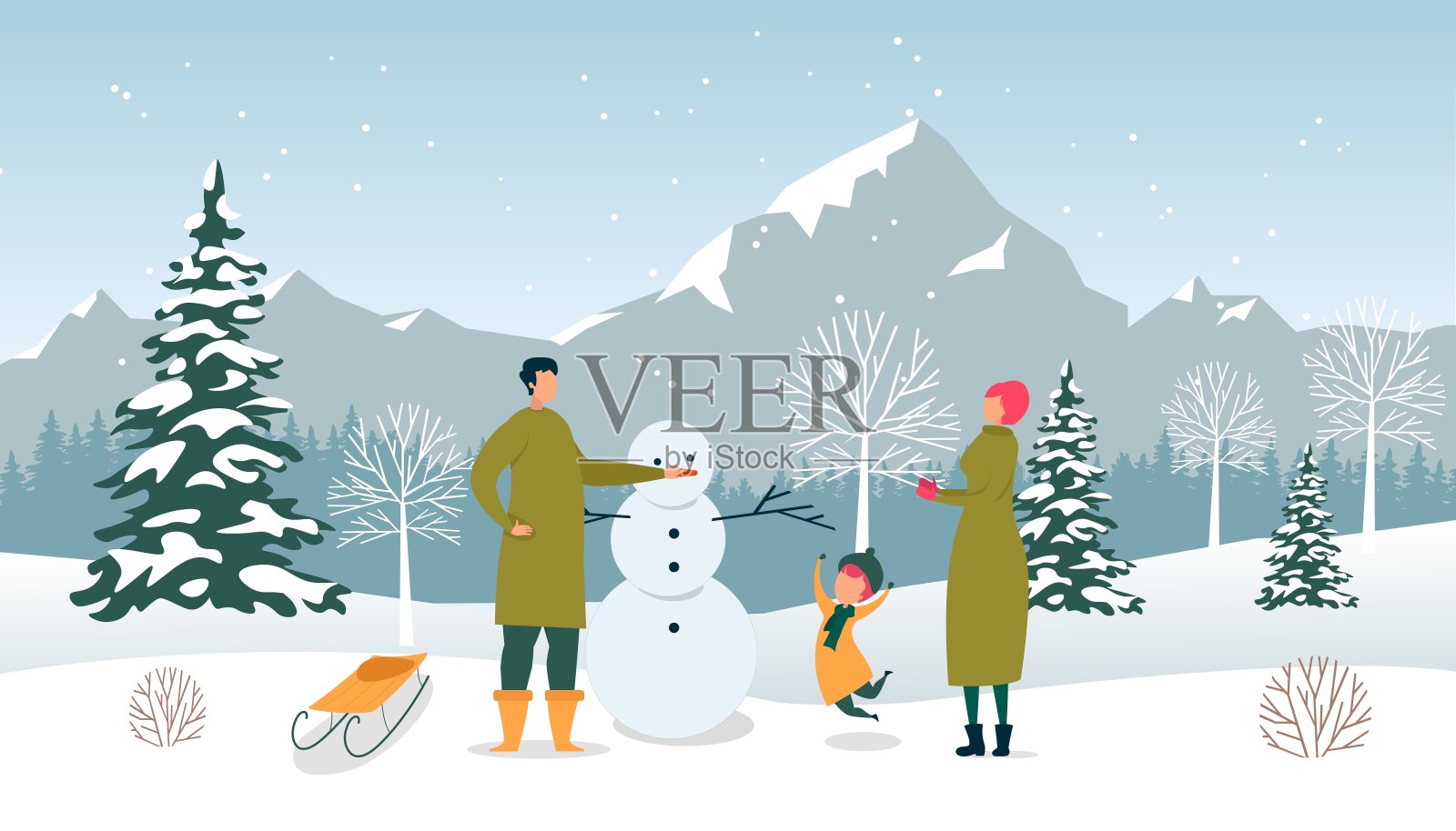 扁平爸爸，妈妈和儿子雕刻雪人，冬天的乐趣背景图片素材