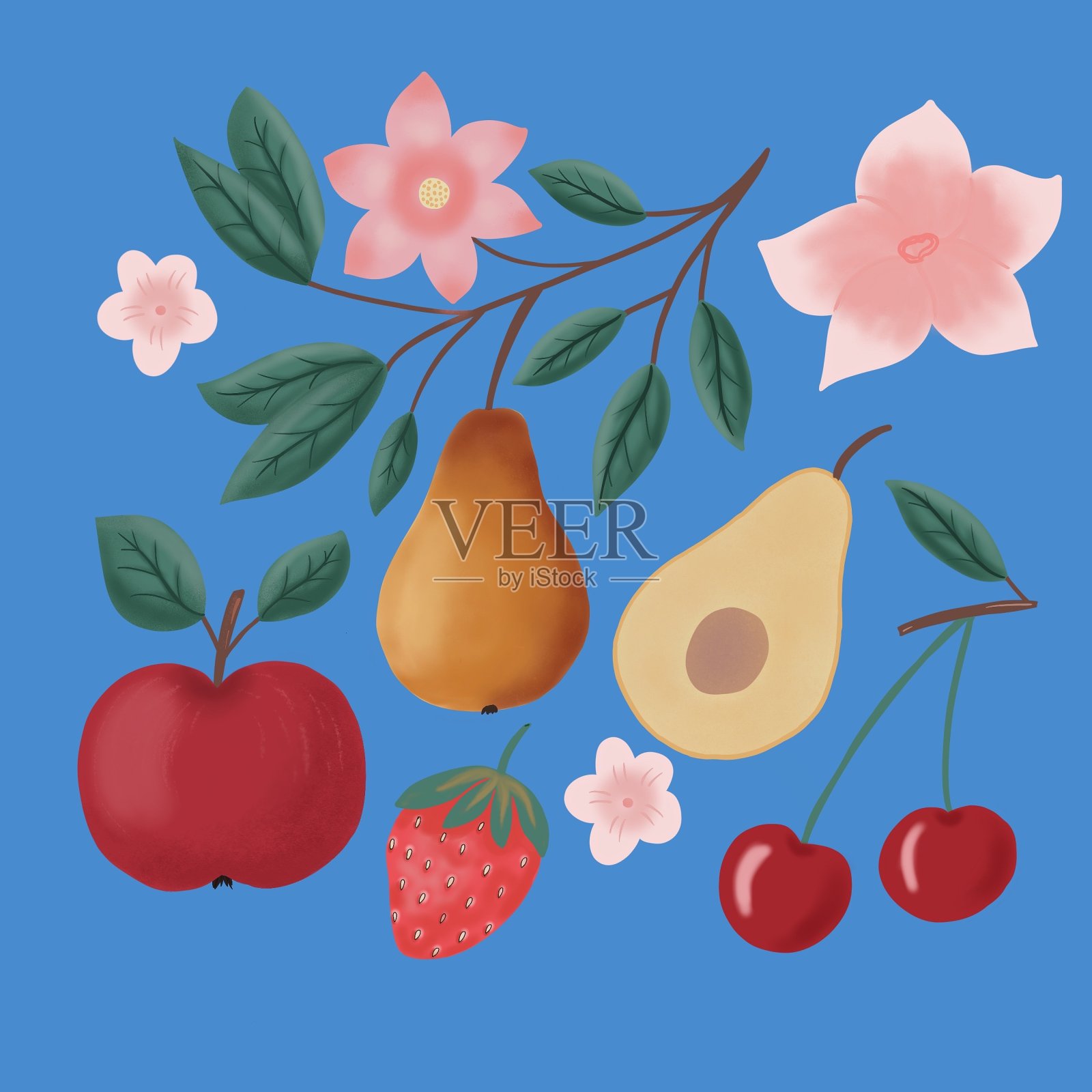 蓝色背景上画着水果和花朵插画图片素材