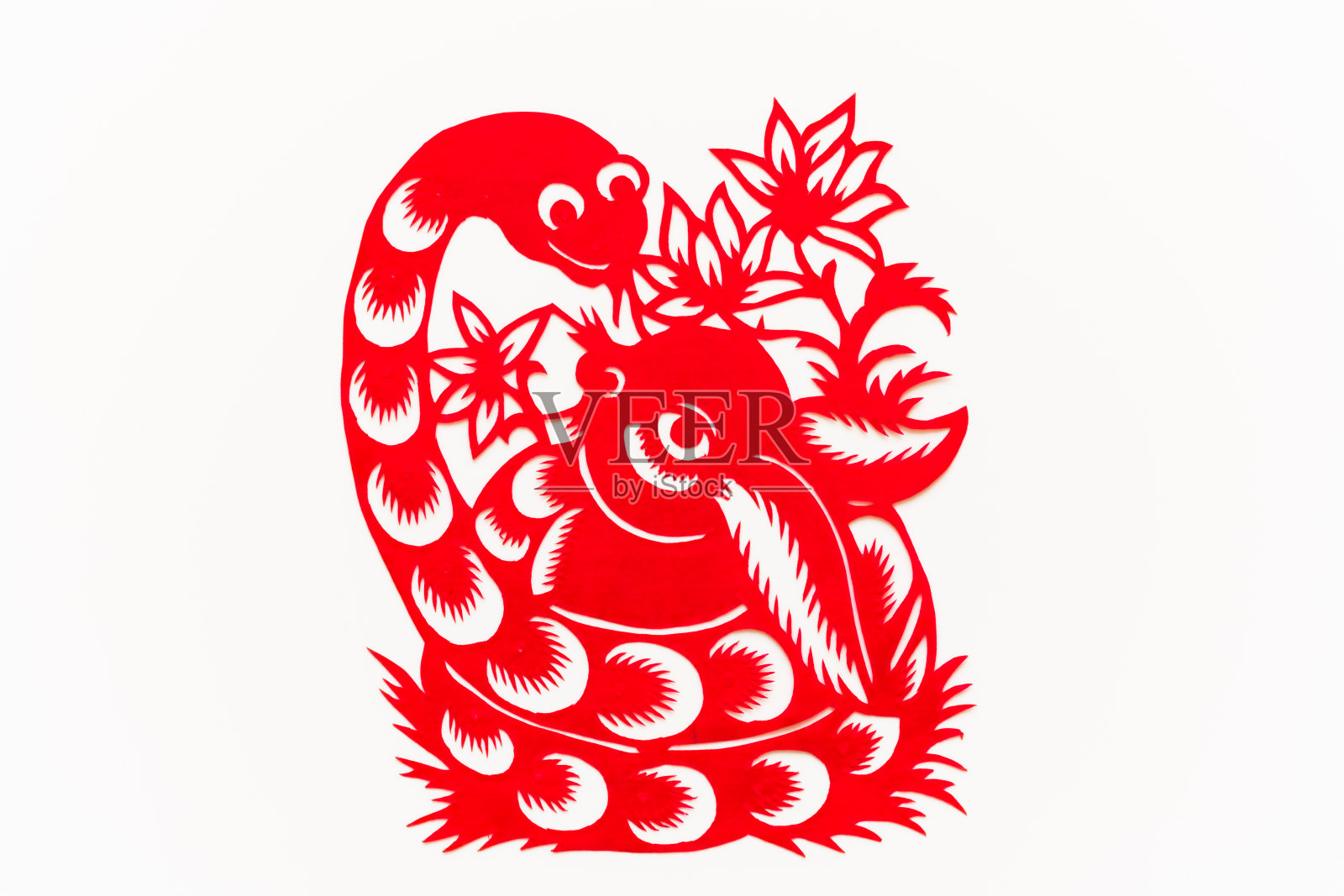 中国传统剪纸，十二生肖。中国新年，蛇年。中国动物蛇的传统剪纸艺术图案。蛇剪纸，过年。插画图片素材