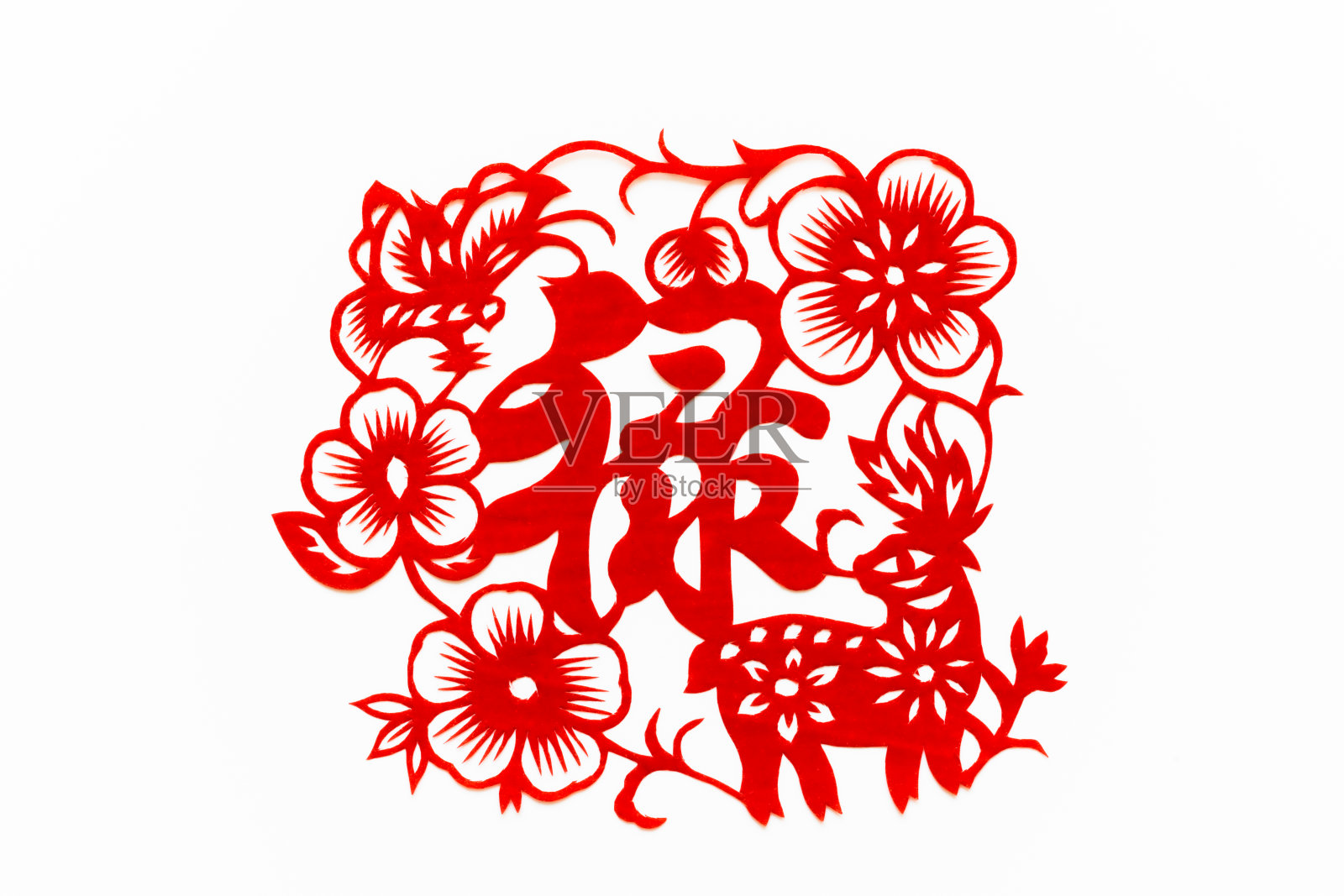 中国传统剪纸艺术图案、花窗。象征着幸福和好运。Animals-birds。中国新年装饰元素。汉字(福、寿、安、财、丰)照片摄影图片