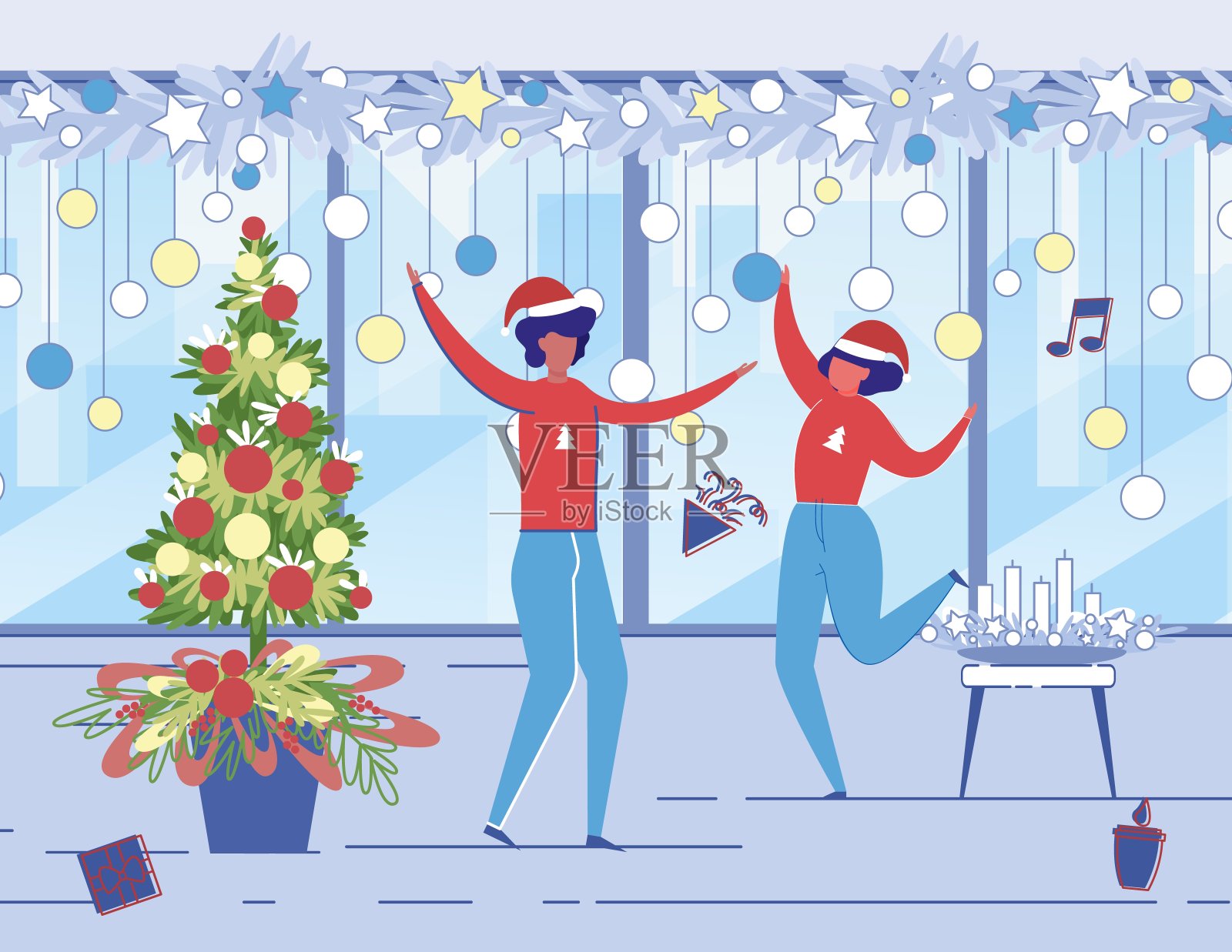 圣诞庆祝在工作与音乐和舞蹈插画图片素材