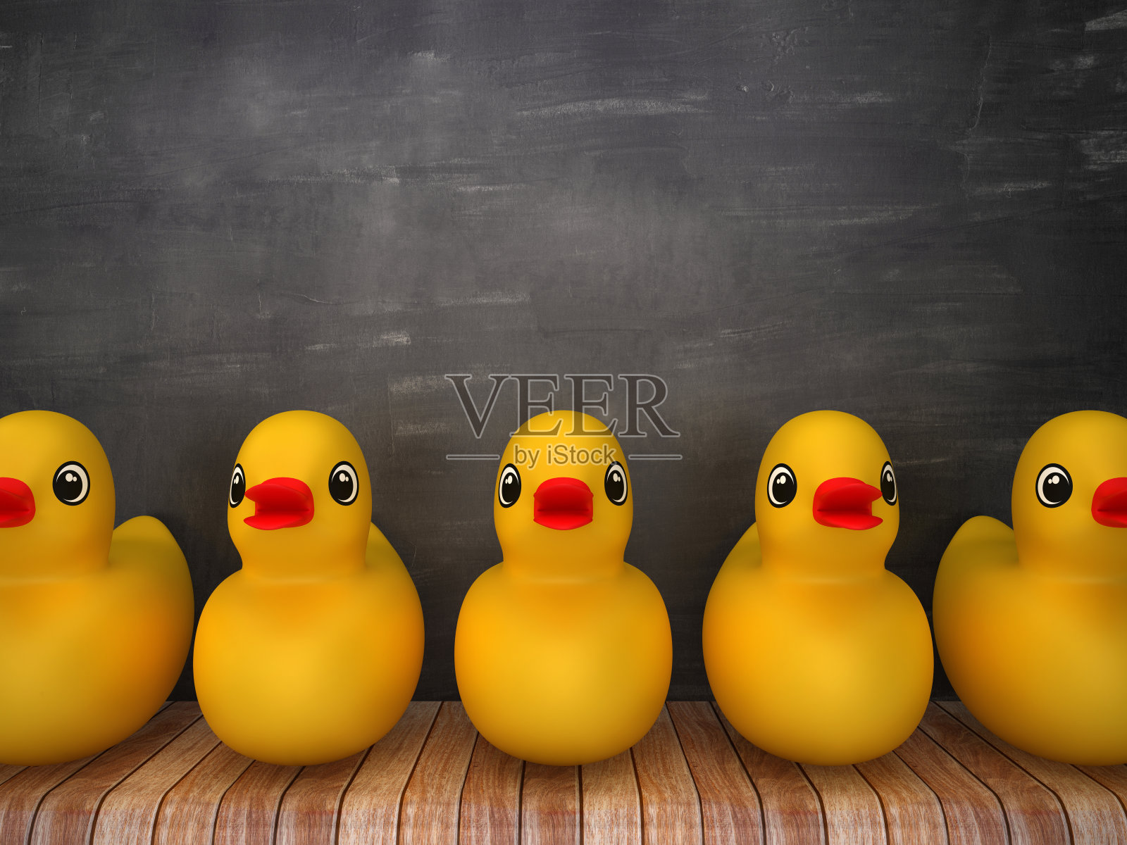 木地板上的橡胶鸭子-黑板背景- 3D渲染照片摄影图片