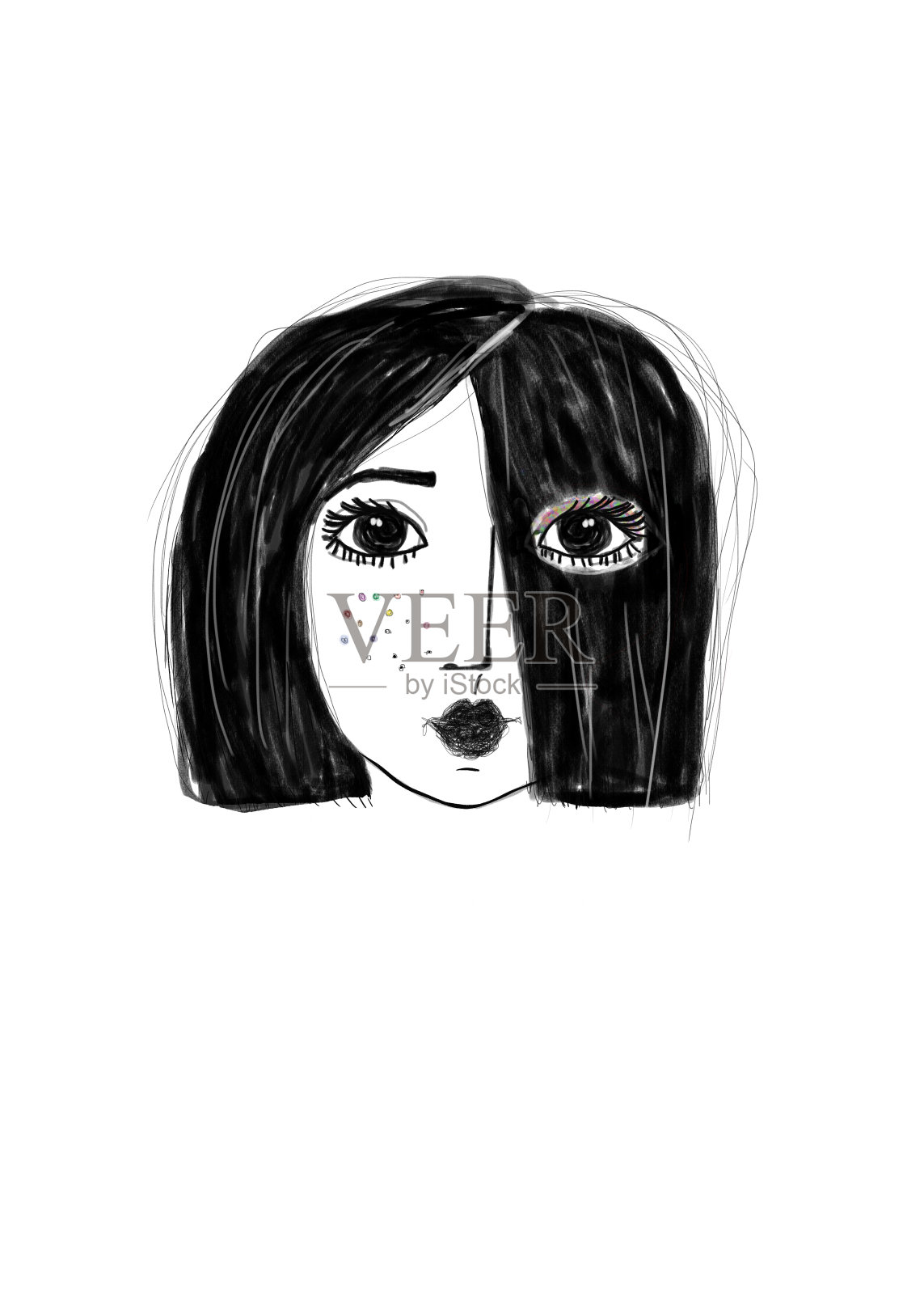 一个年轻女子的肖像，短黑发，黑眼睛和脸上的雀斑插画图片素材