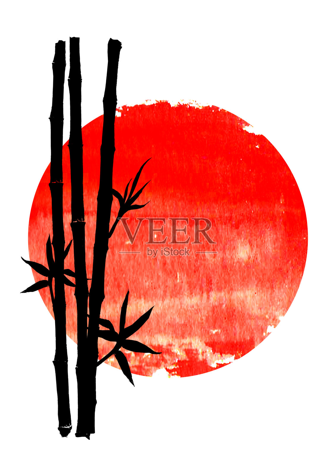 大红日上黑色的竹子剪影插画图片素材