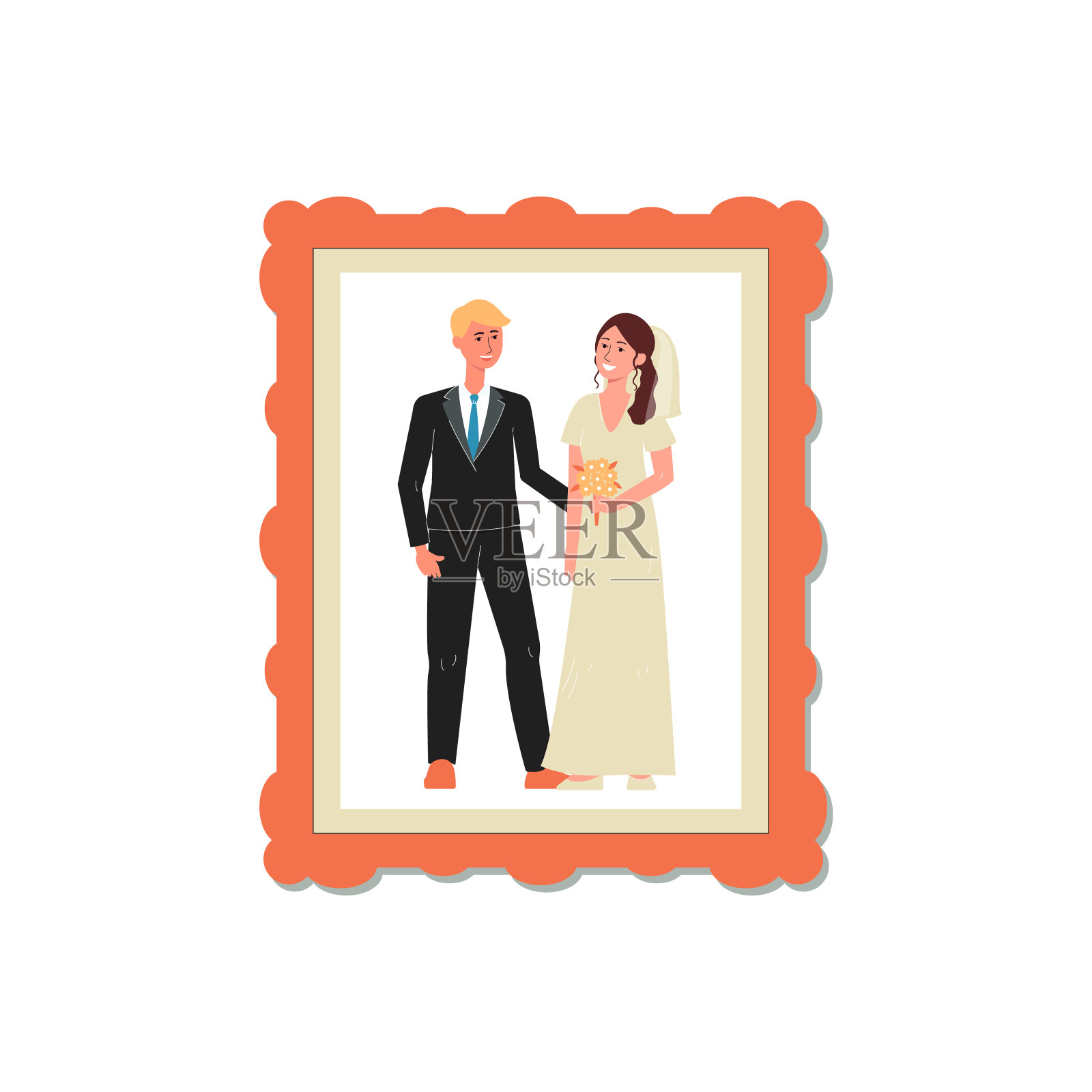 婚礼快照的夫妇在相框，平面矢量插图孤立。插画图片素材