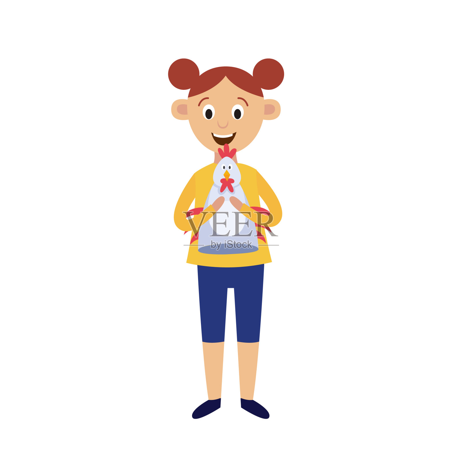 可爱的小女孩拿着鸡手木偶玩具孤立在白色的背景插画图片素材
