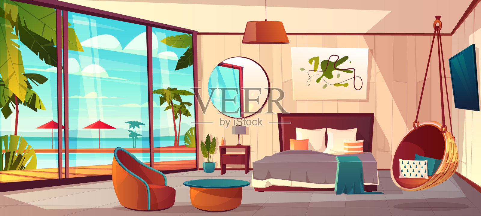 矢量室内的酒店卧室，避暑胜地插画图片素材