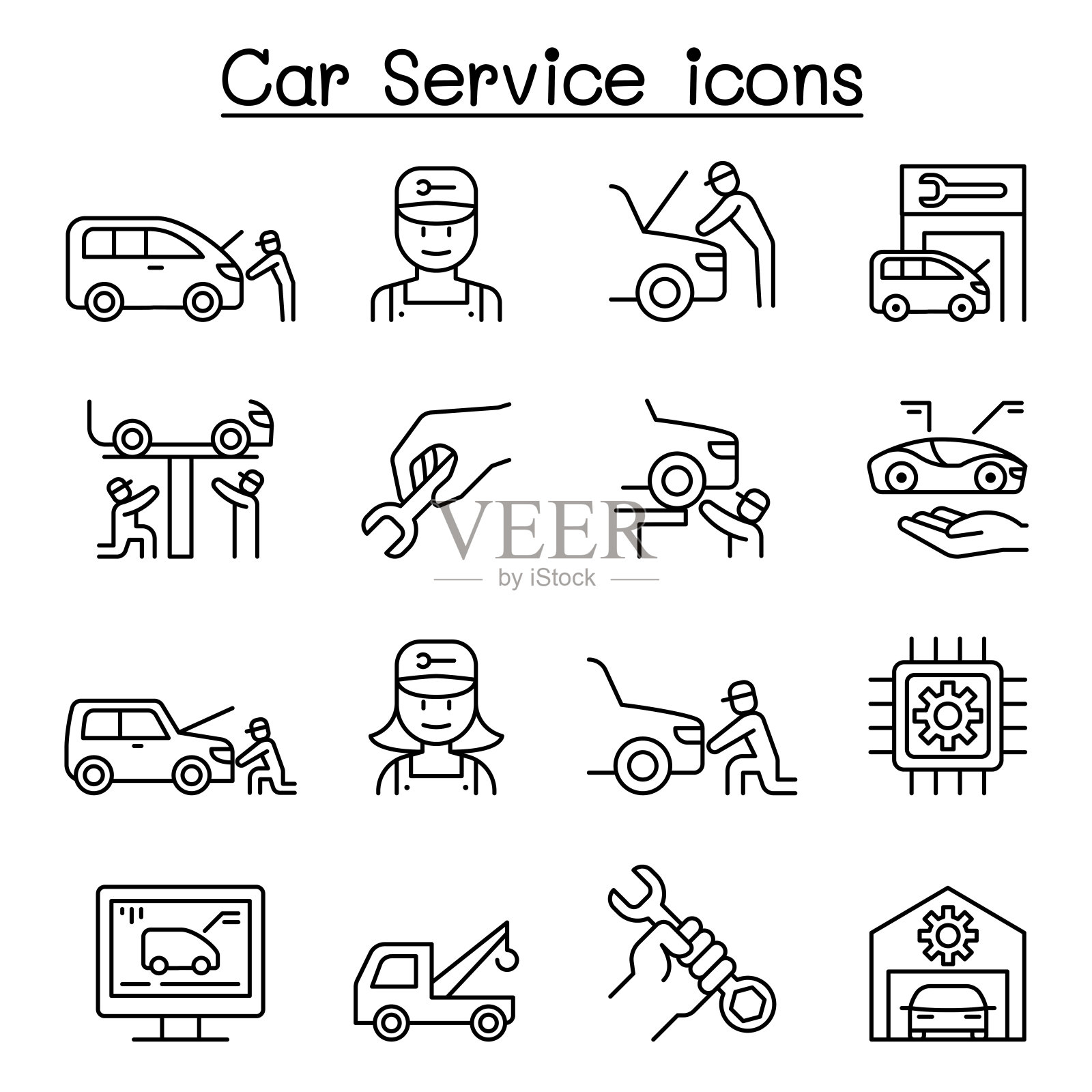 汽车服务和维修图标设置在细线风格图标素材