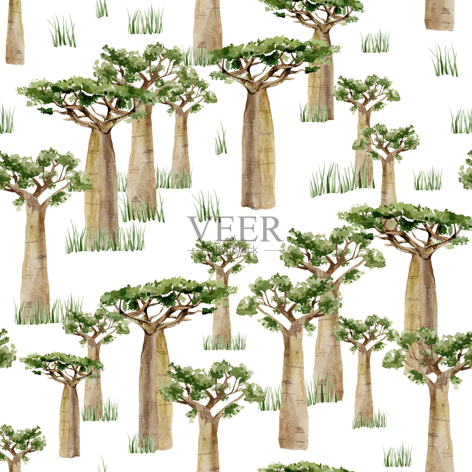 水彩非洲树宝宝。手绘无缝图案大南方树木在森林的纺织品织物，包装纸，剪贴簿插图。插画图片素材