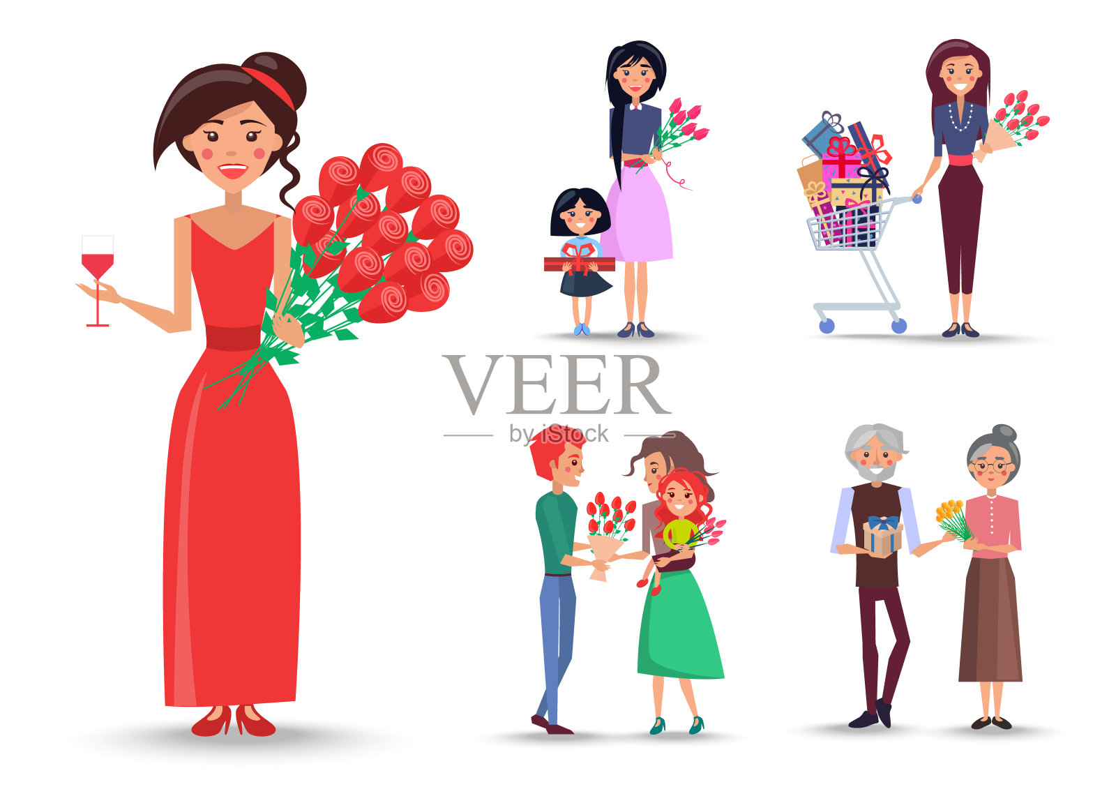 身穿红裙、手捧玫瑰和葡萄酒的女人设计元素图片