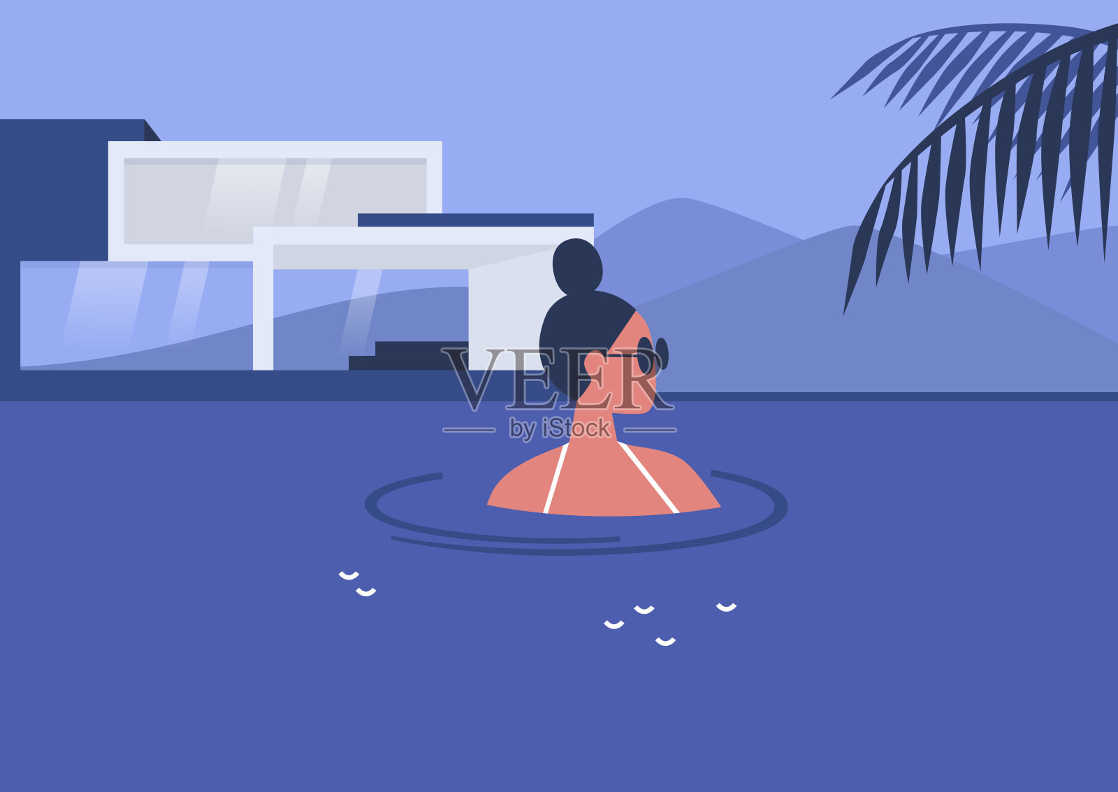 在一个游泳池，炎热的夏天休闲，豪华的私人游泳池，美丽的现代别墅插画图片素材